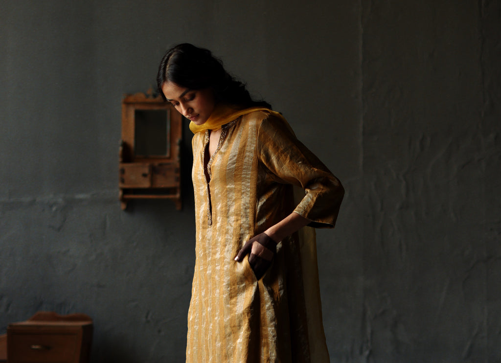 Maxi Kurta in Vintage Gold Tissue stripes Chanderi with Pants
