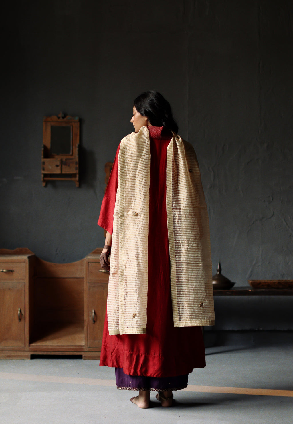 Ooch Neech in Ruby Red Raw Silk with Farshi