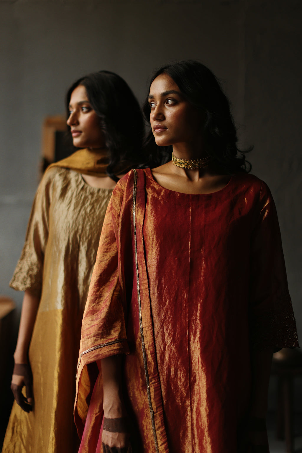 Asymmetrical Dress in Ruby Red Tissue with Pants