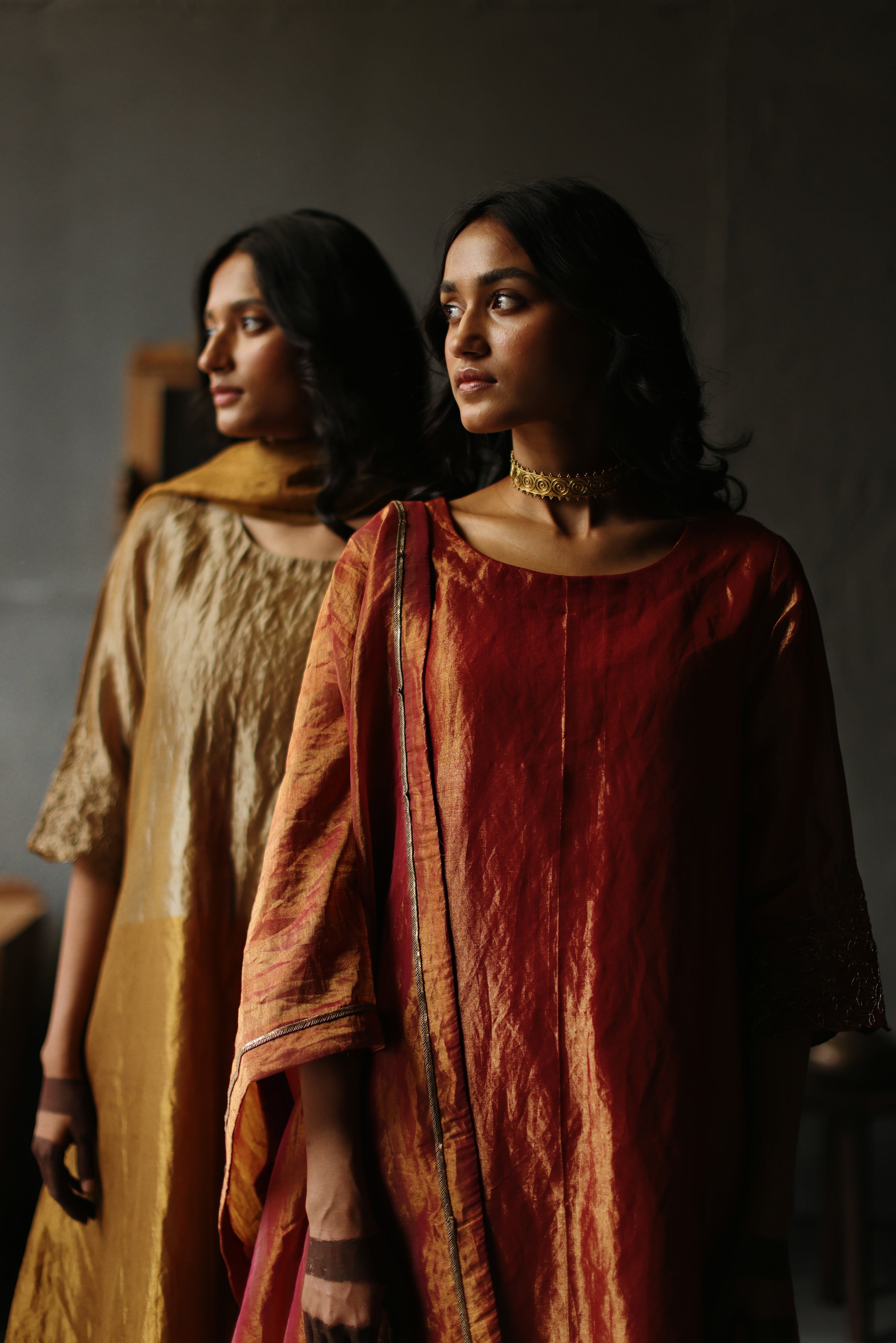 Asymmetrical Dress in Ruby Red Tissue with Pants