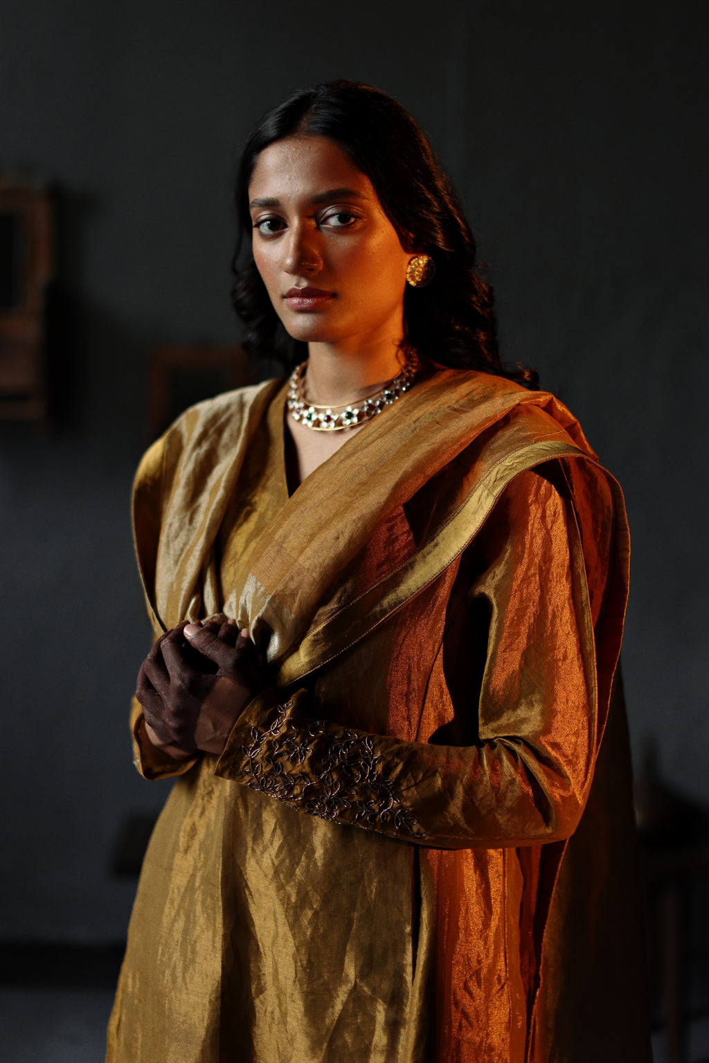Tannu Kurta in Vintage Gold Tissue with Farshi