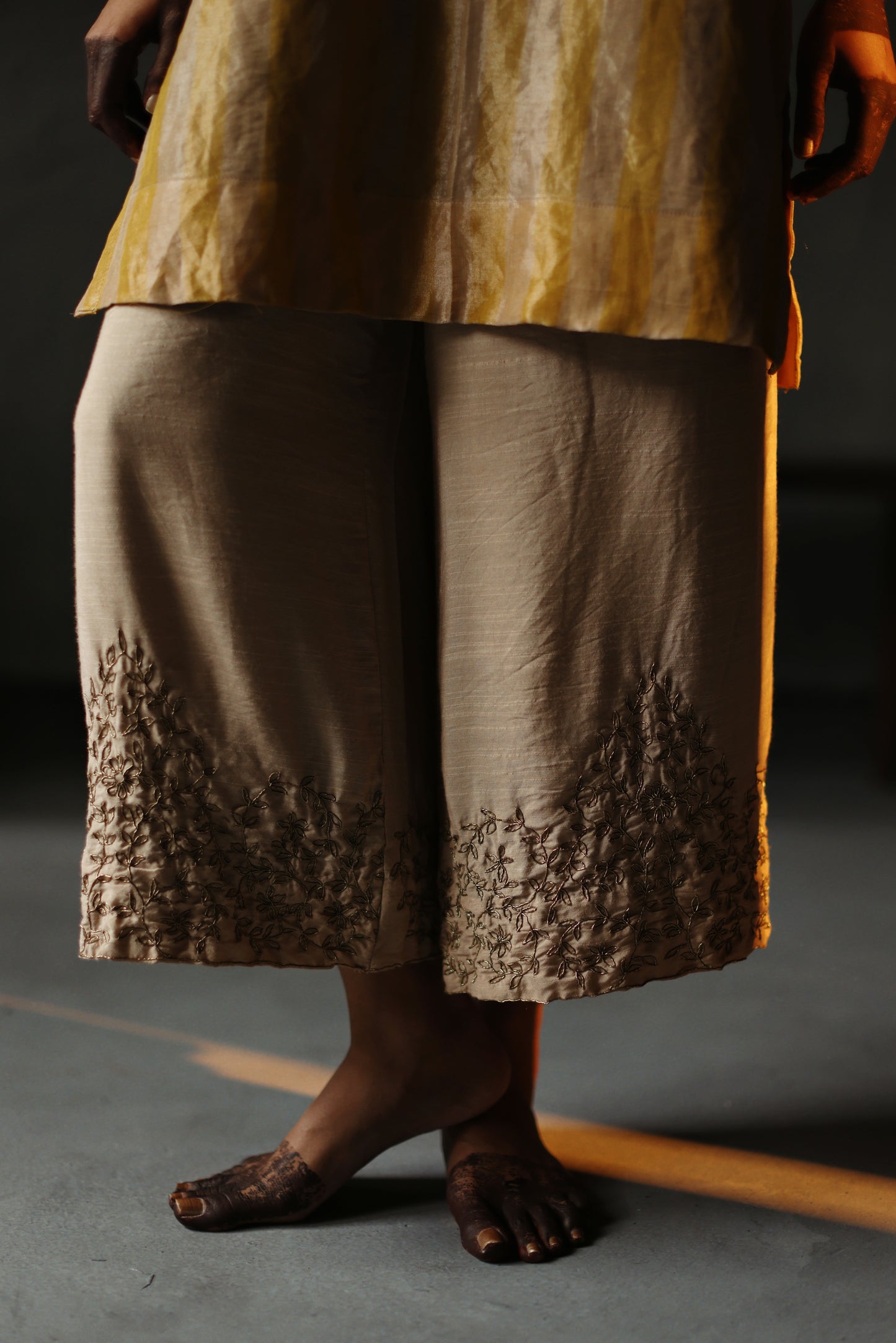 Anisa Kurta in Topaz Yellow Tissue stripes Chanderi with Farshi