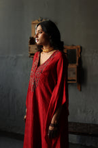 Nushka Kaftan in Ruby Red Silk with farshi.