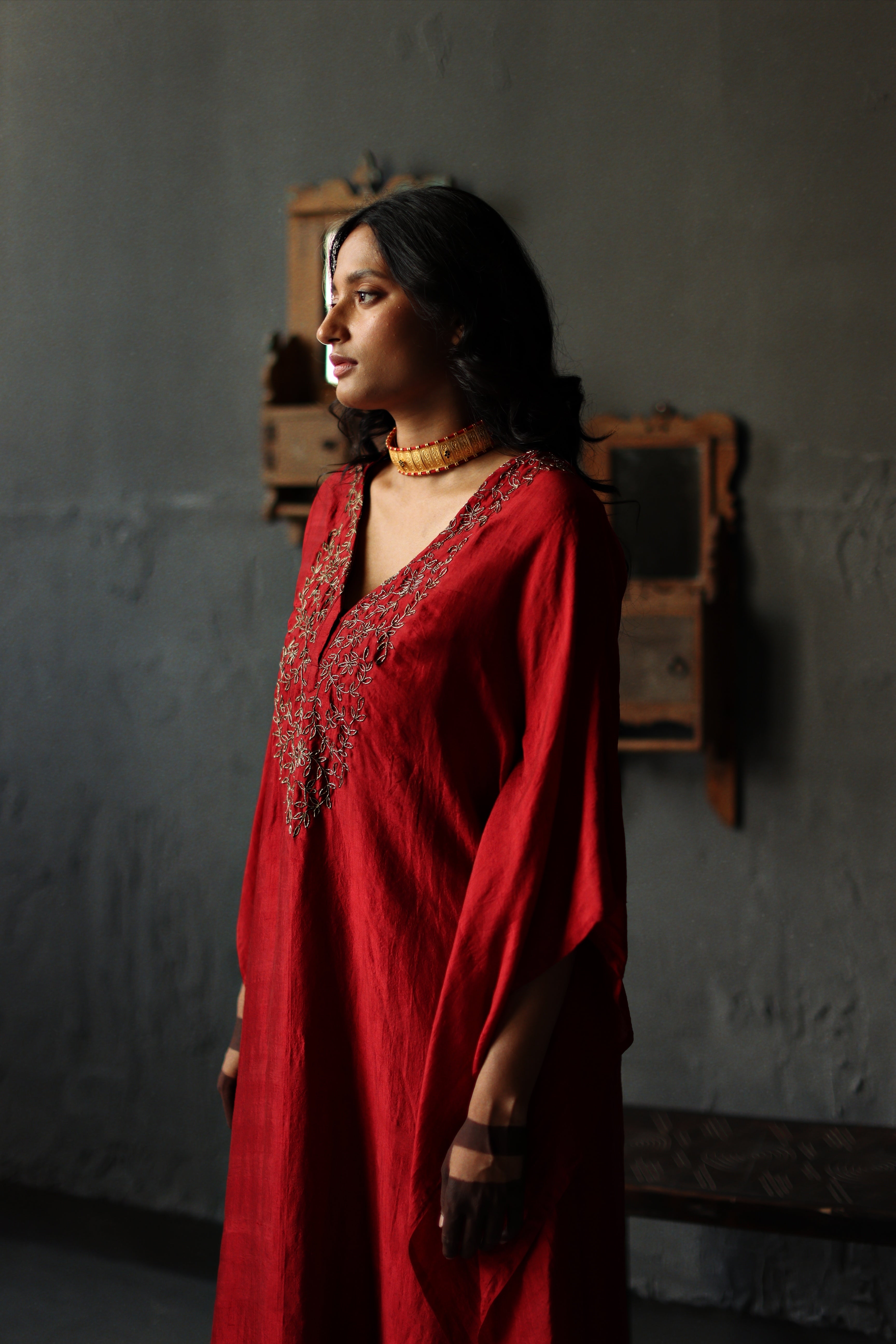 Nushka Kaftan in Ruby Red Silk with farshi.