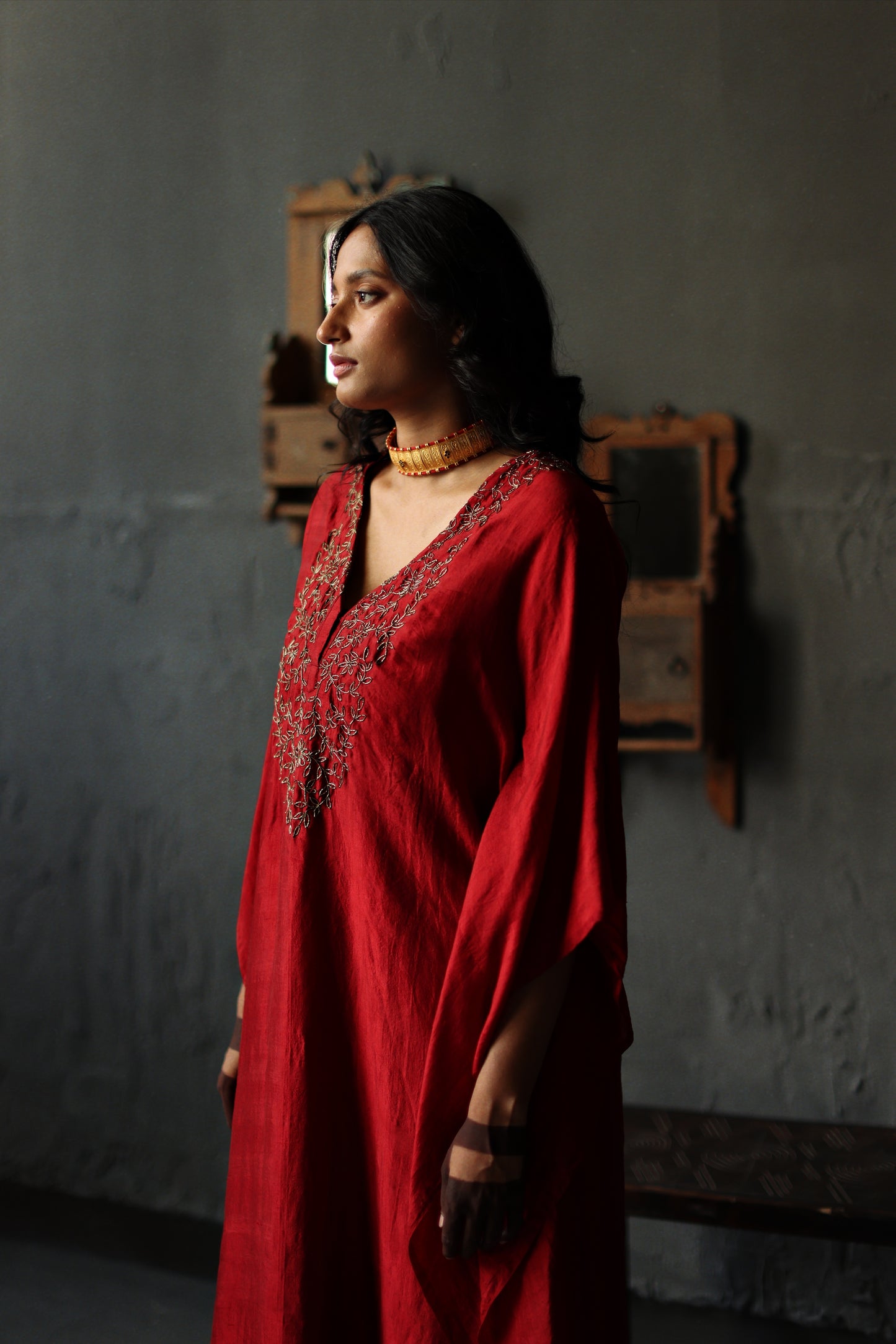 Nushka Kaftan in Ruby Red Silk