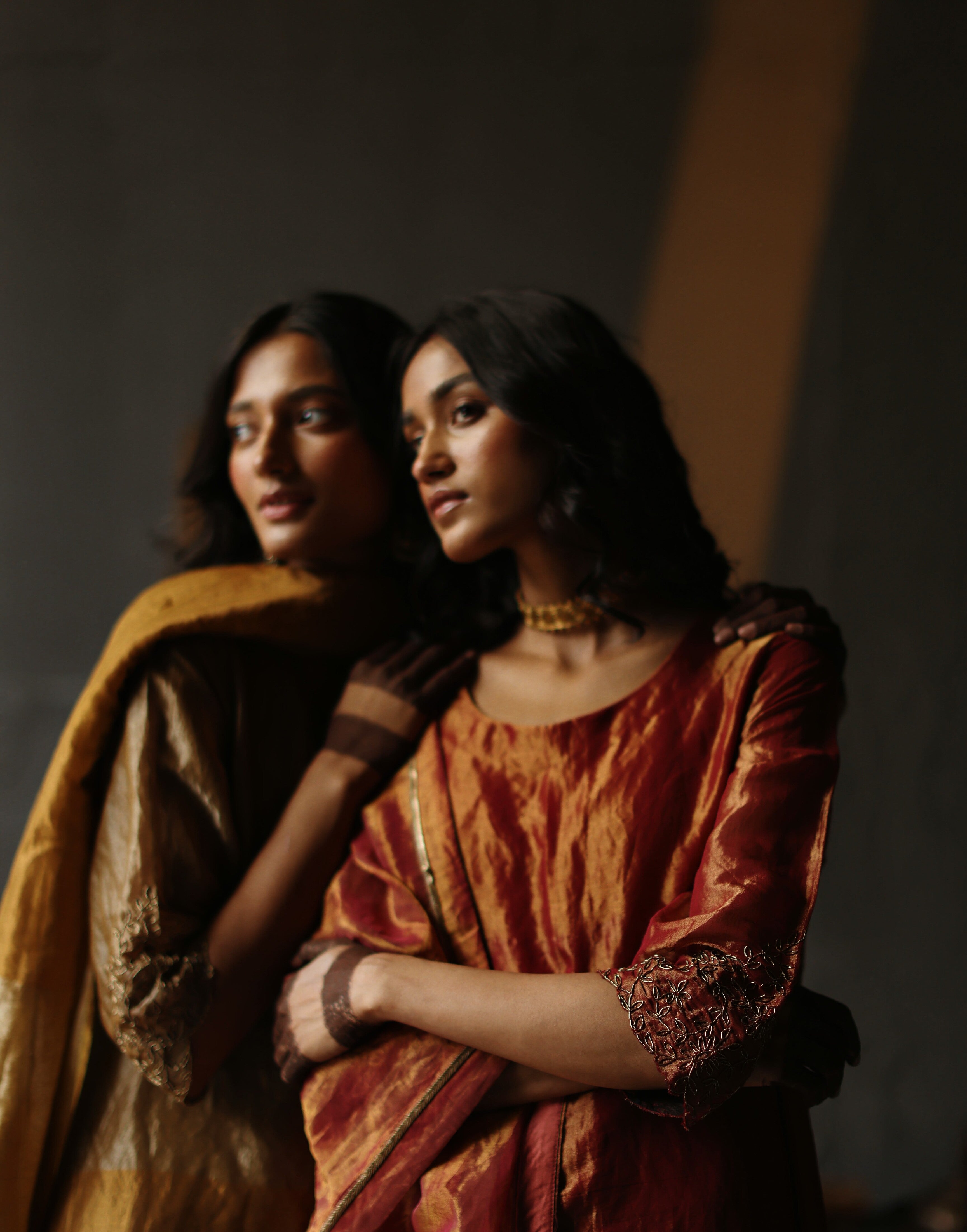 Asymmetrical Dress in Ruby Red Tissue with Pants