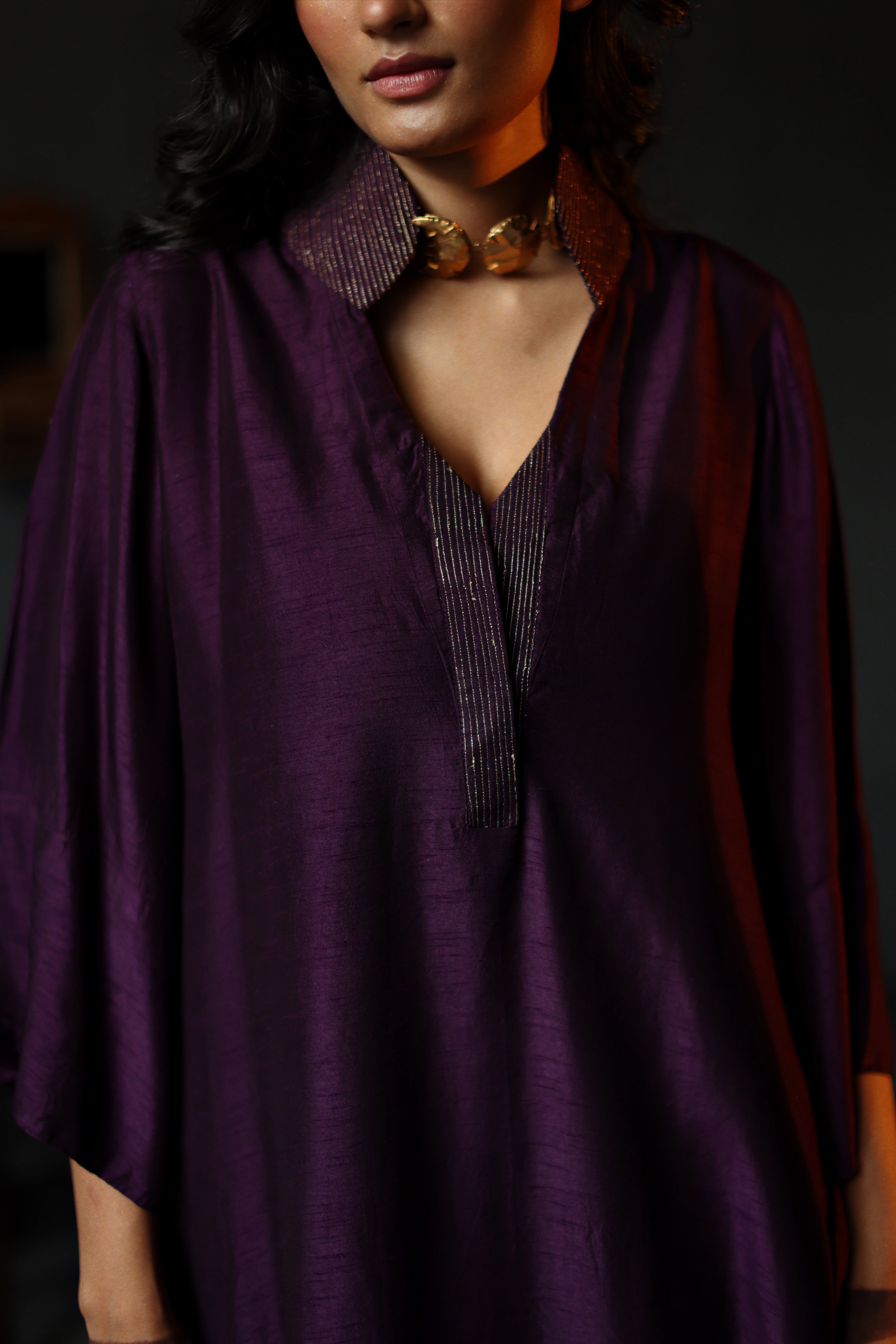 Ooch Neech in Garnet Purple Raw Silk with Farshi