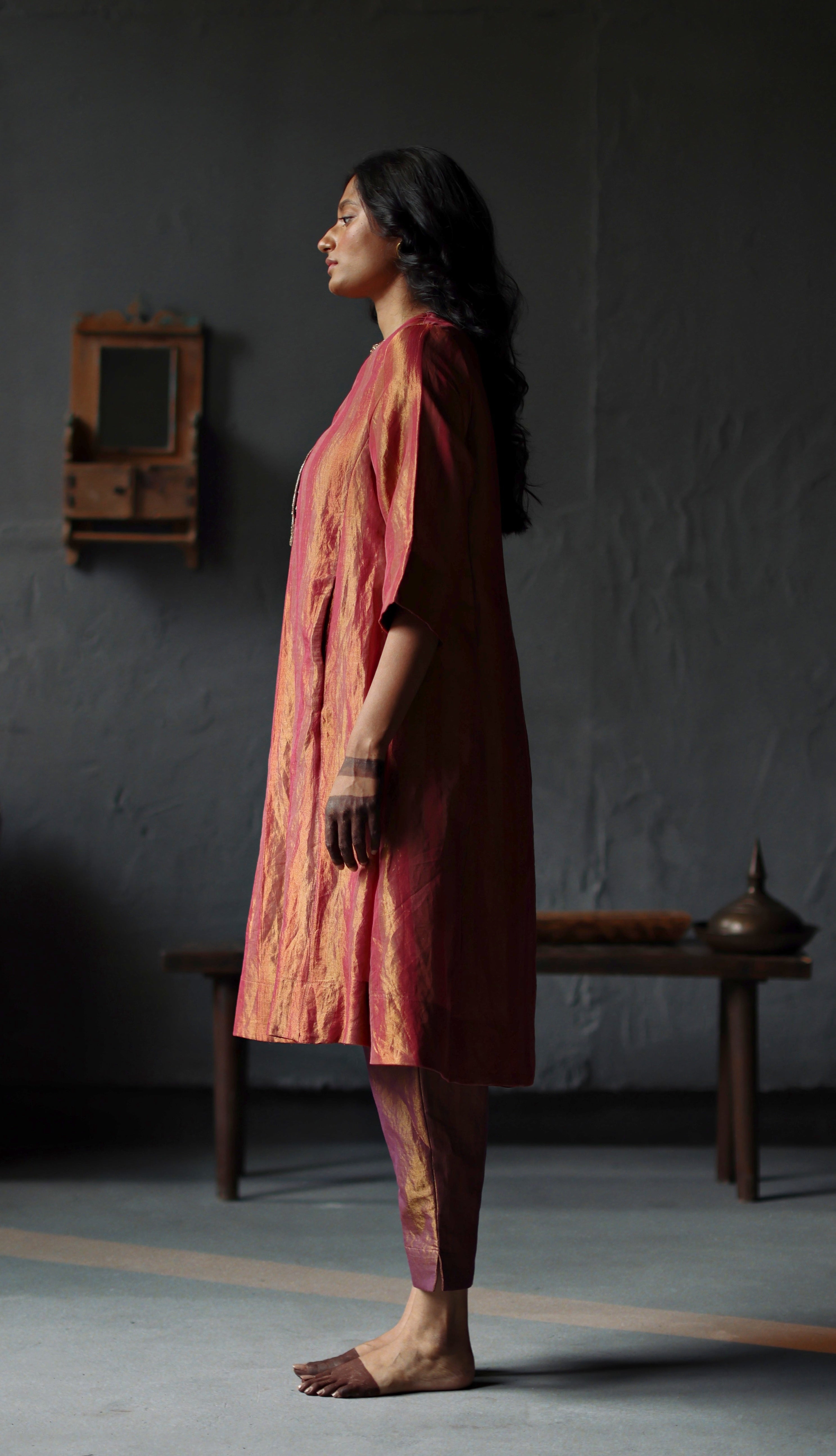 Maxi Kurta in Ruby Red Tissue stripes Chanderi with Pants