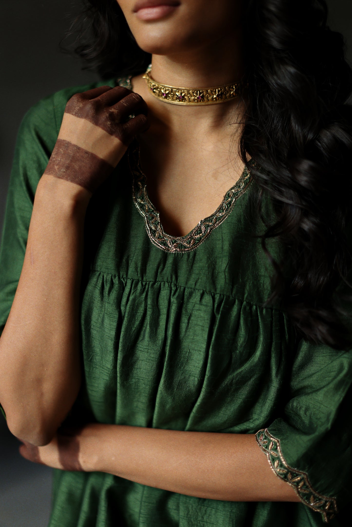 Empireline Kurta in Emerald Green Raw Silk with Shalwar