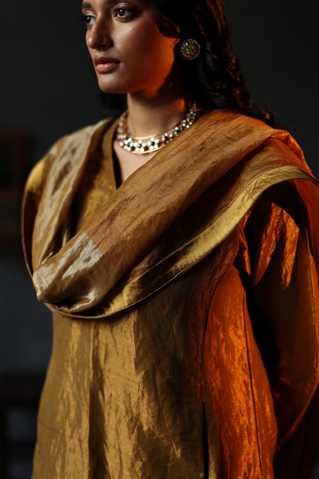 Dupatta in Half and Half Vintage Gold Tissue