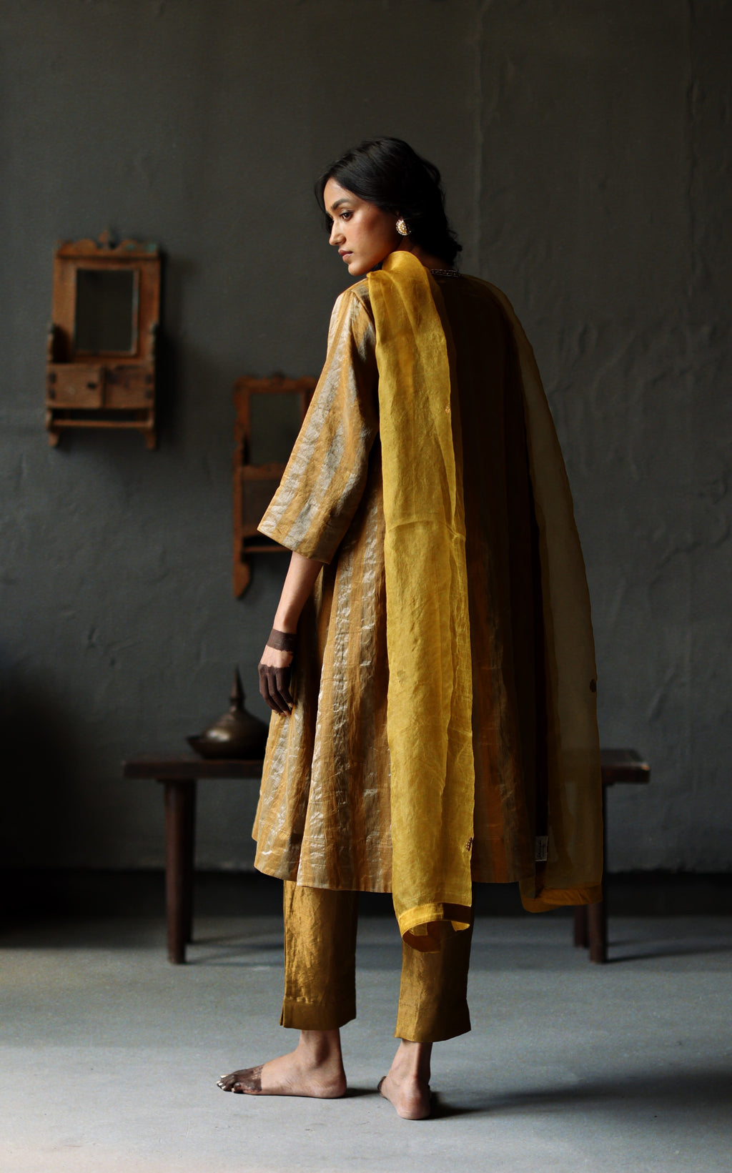 Maxi Kurta in Vintage Gold Tissue stripes Chanderi with Pants