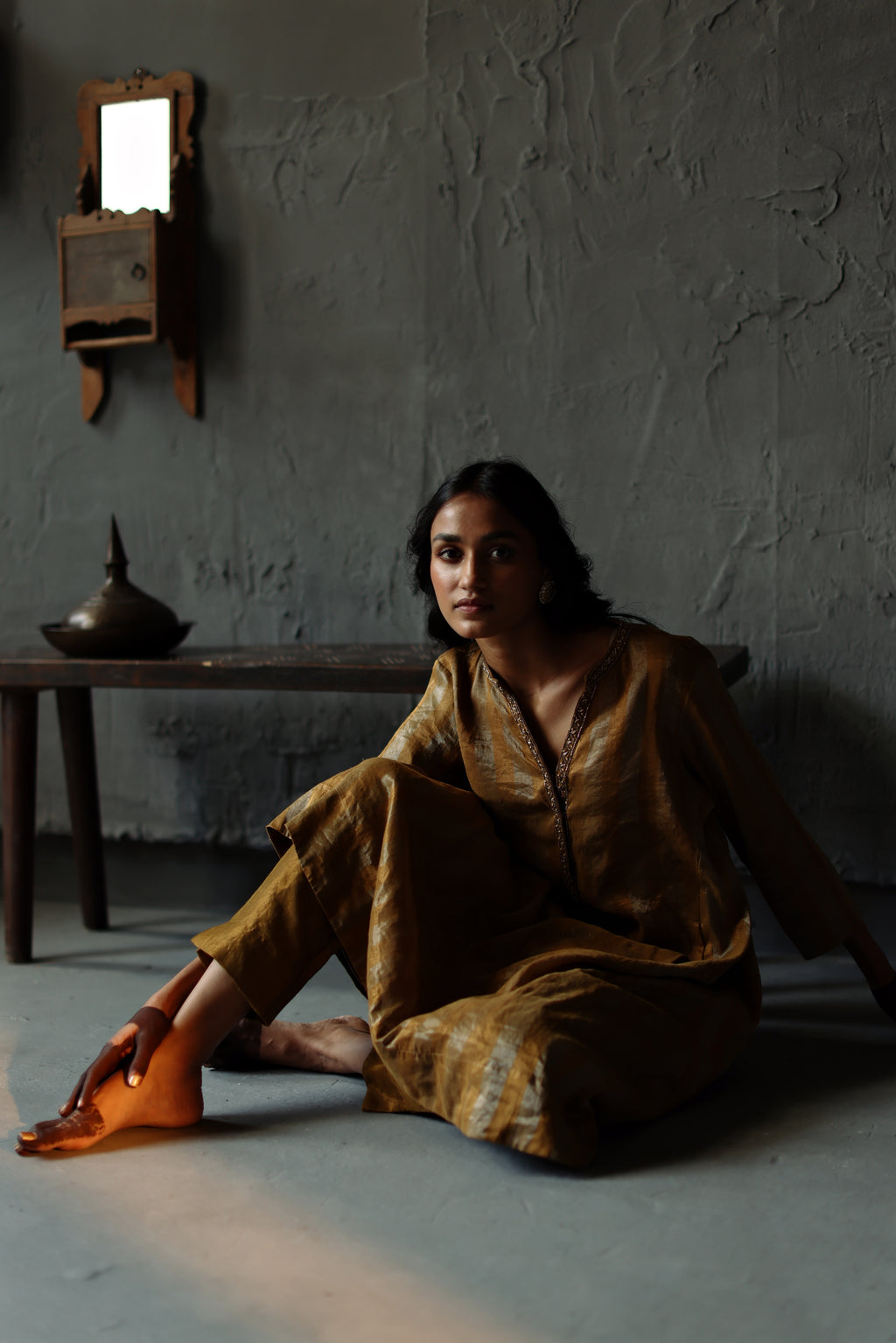 Maxi Kurta in Vintage Gold Tissue stripes Chanderi with Pants