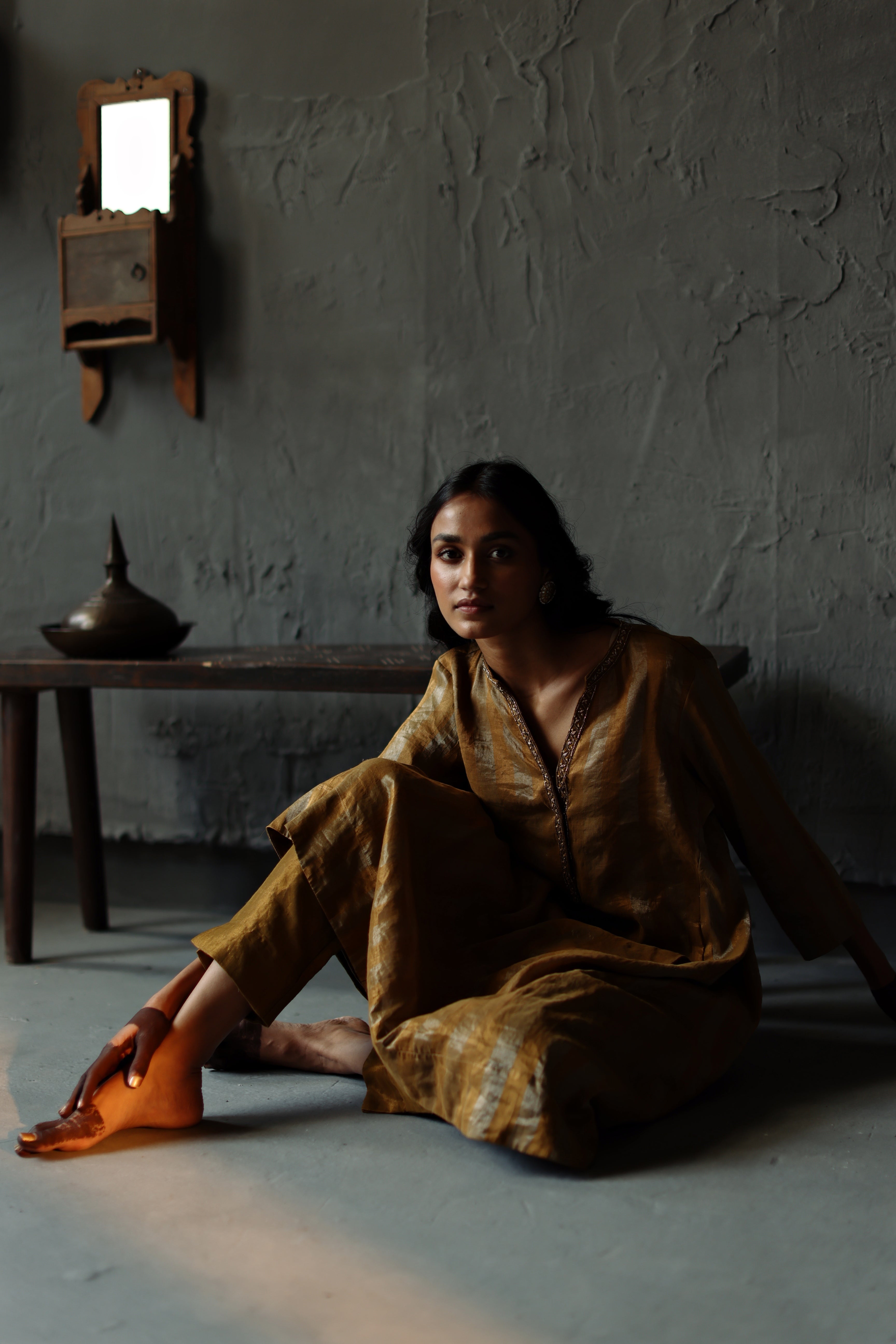 Maxi Kurta in Vintage Gold Tissue stripes Chanderi with Pants