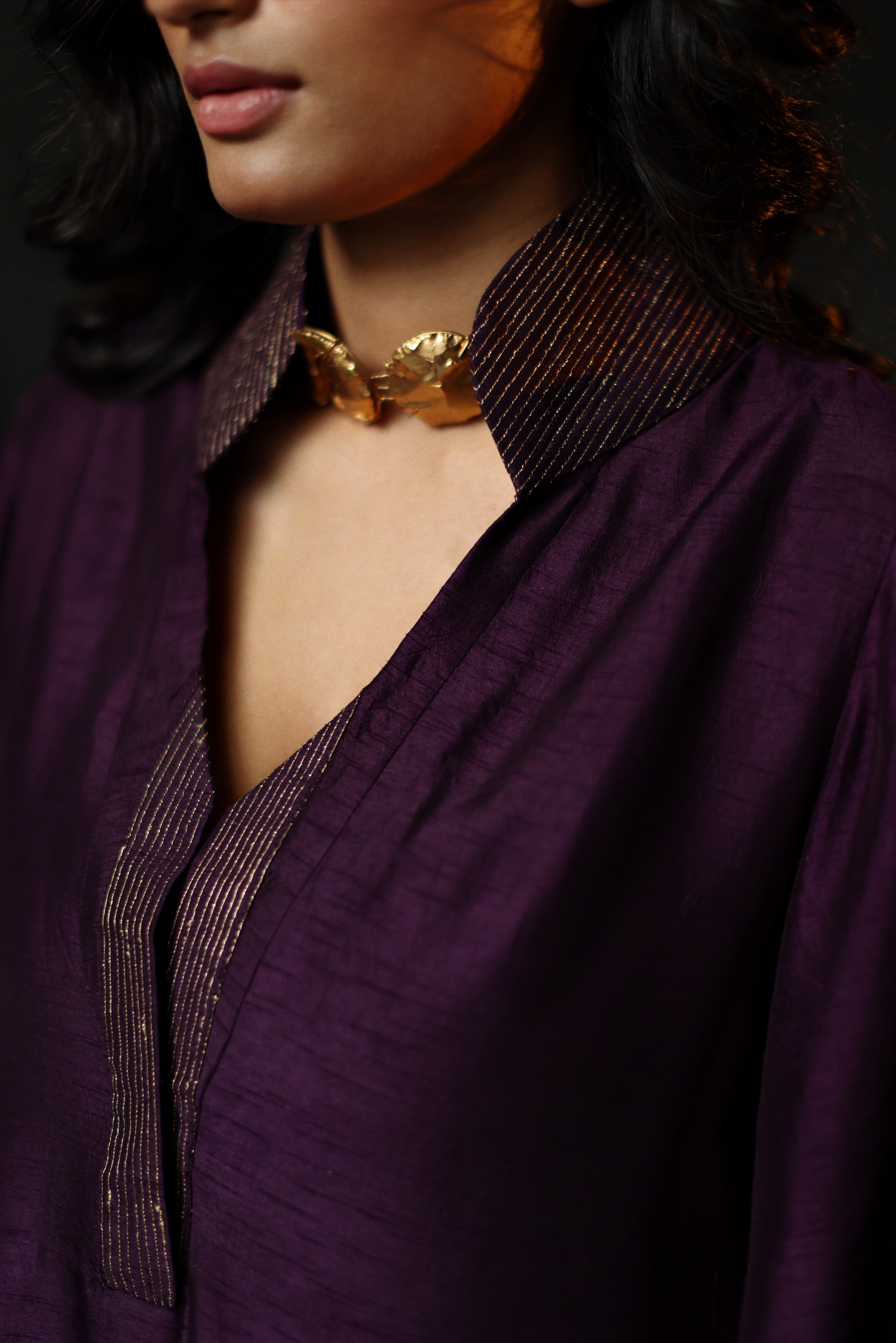 Ooch Neech in Garnet Purple Raw Silk with Farshi