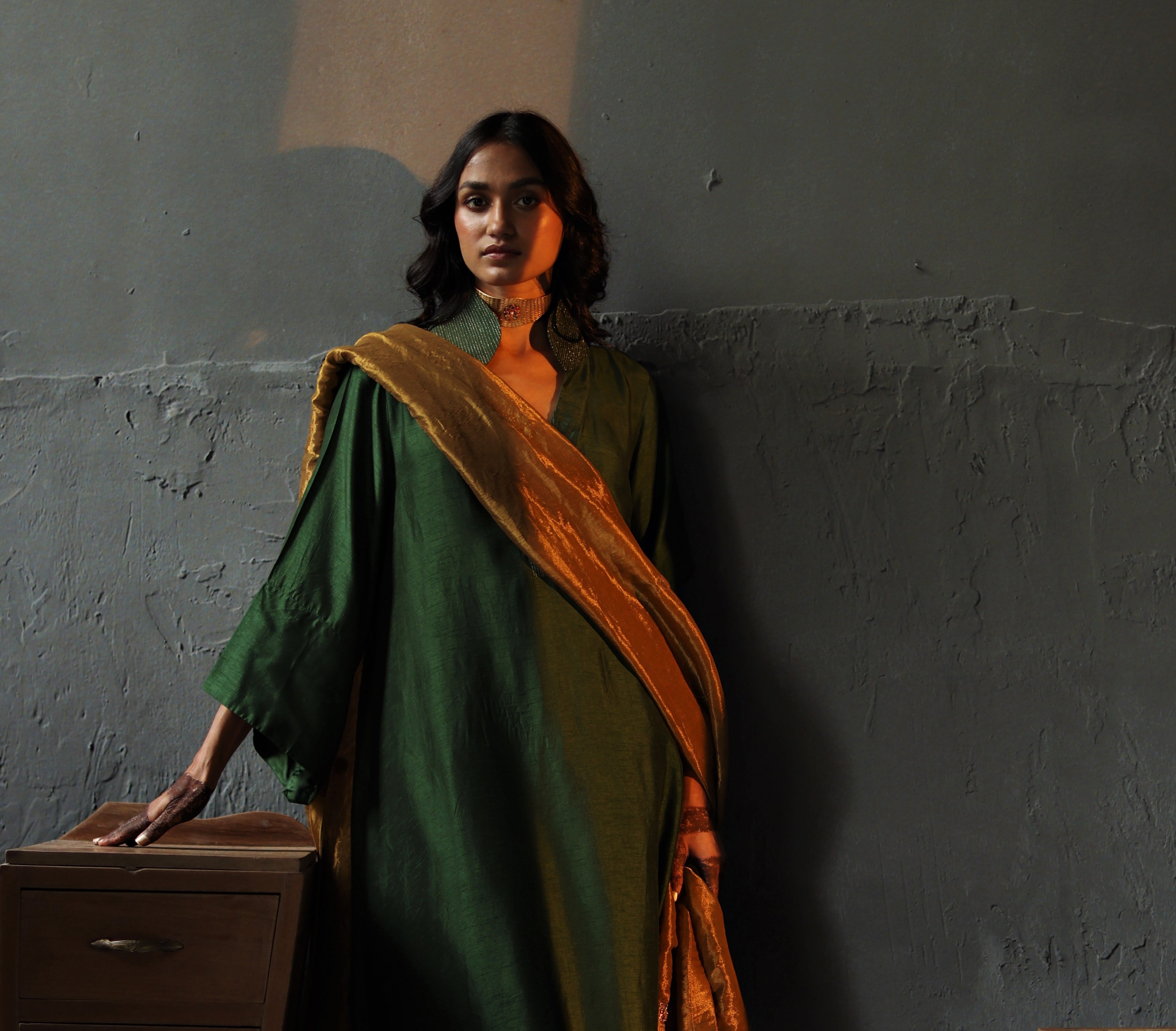 Ooch Neech in Emerald Green Raw Silk with Farshi