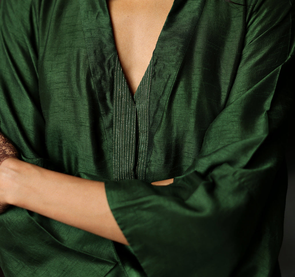Ooch Neech in Emerald Green Raw Silk with Farshi