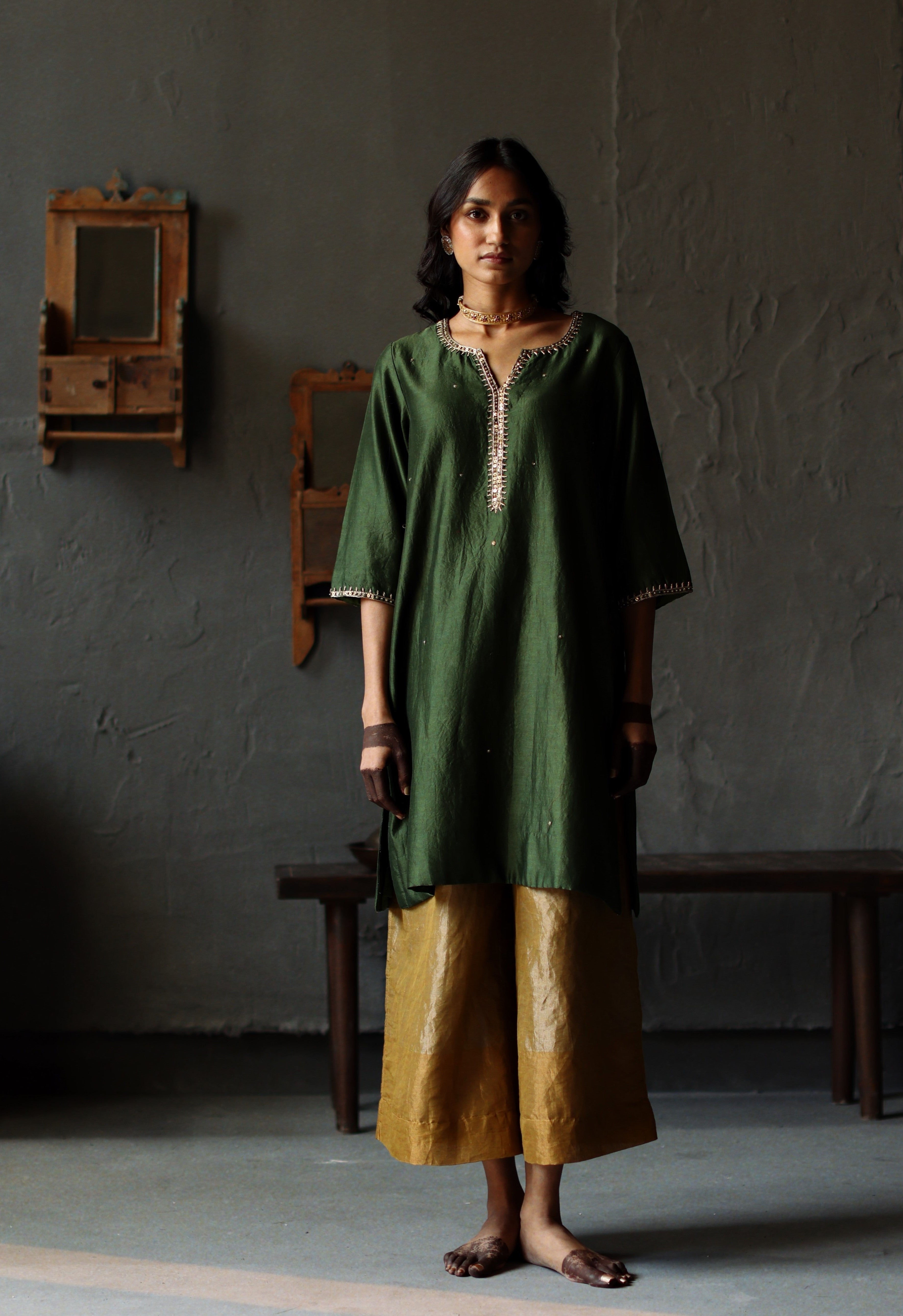 Saifi Kurta in Emerald Green Chanderi with Farshi