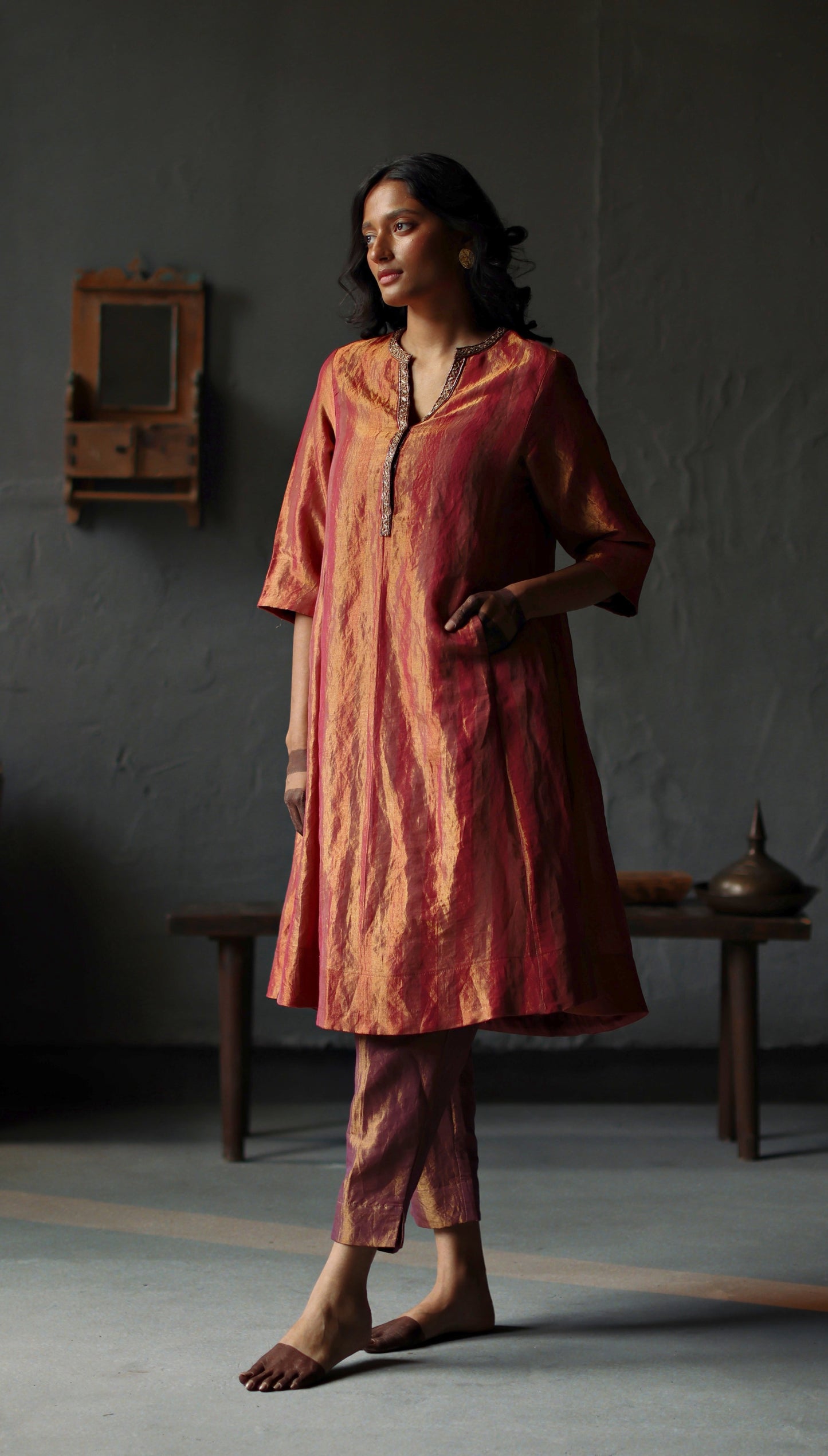 Maxi Kurta in Ruby Red Tissue stripes Chanderi with Pants