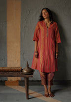 Maxi Kurta in Ruby Red Tissue stripes Chanderi with Pants