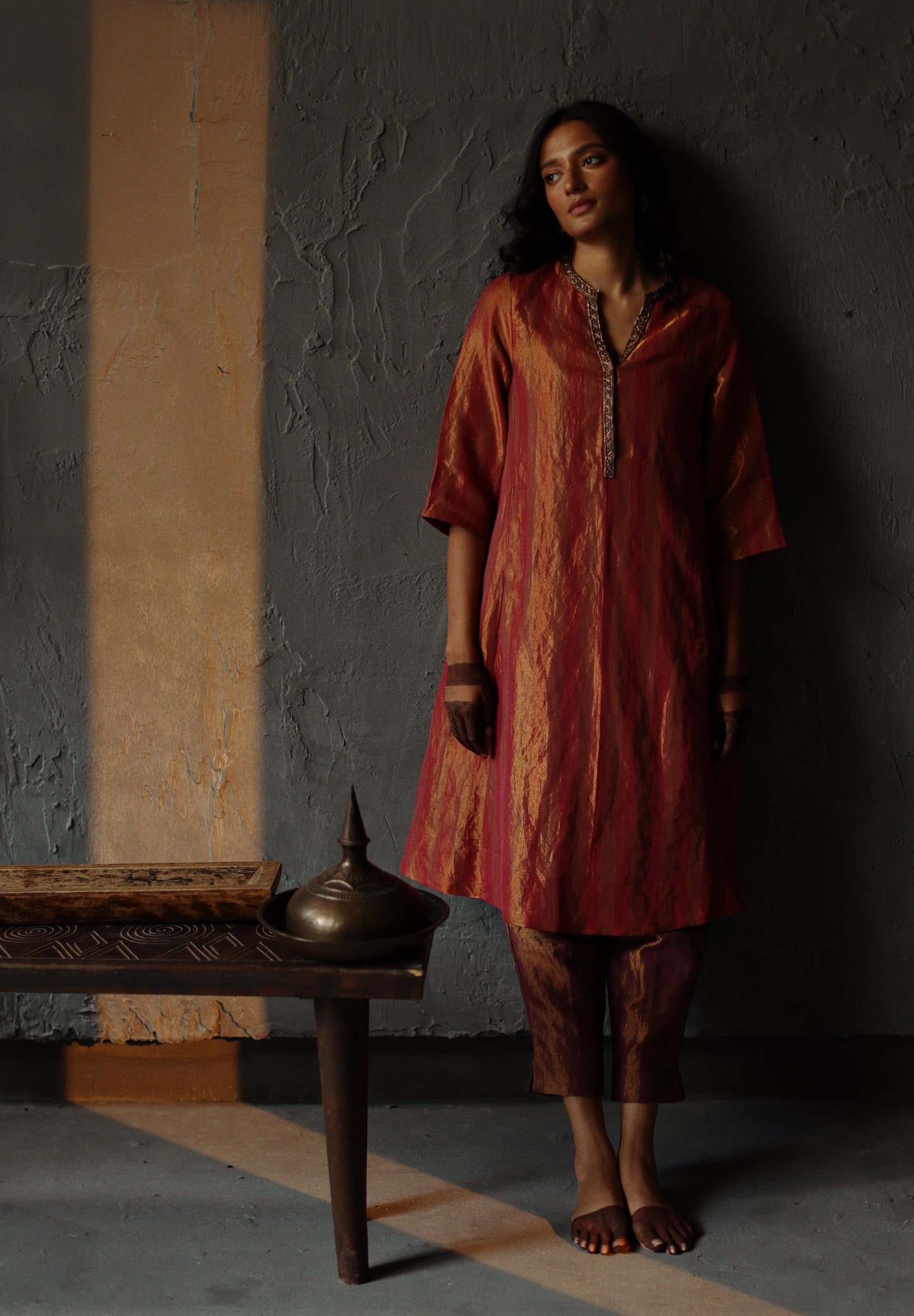 Maxi Kurta in Ruby Red Tissue stripes Chanderi with Pants