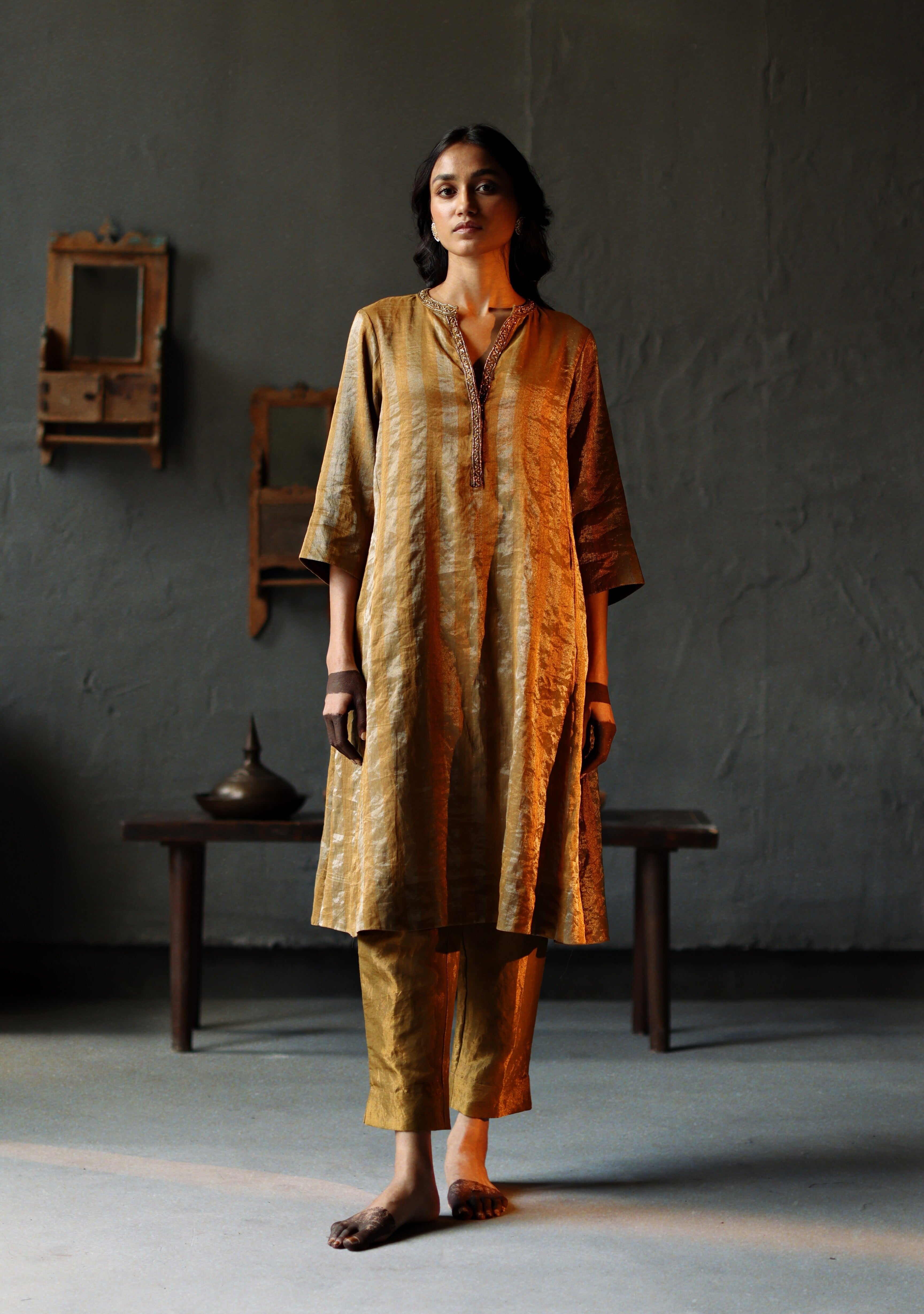 Maxi Kurta in Vintage Gold Tissue stripes Chanderi with Pants