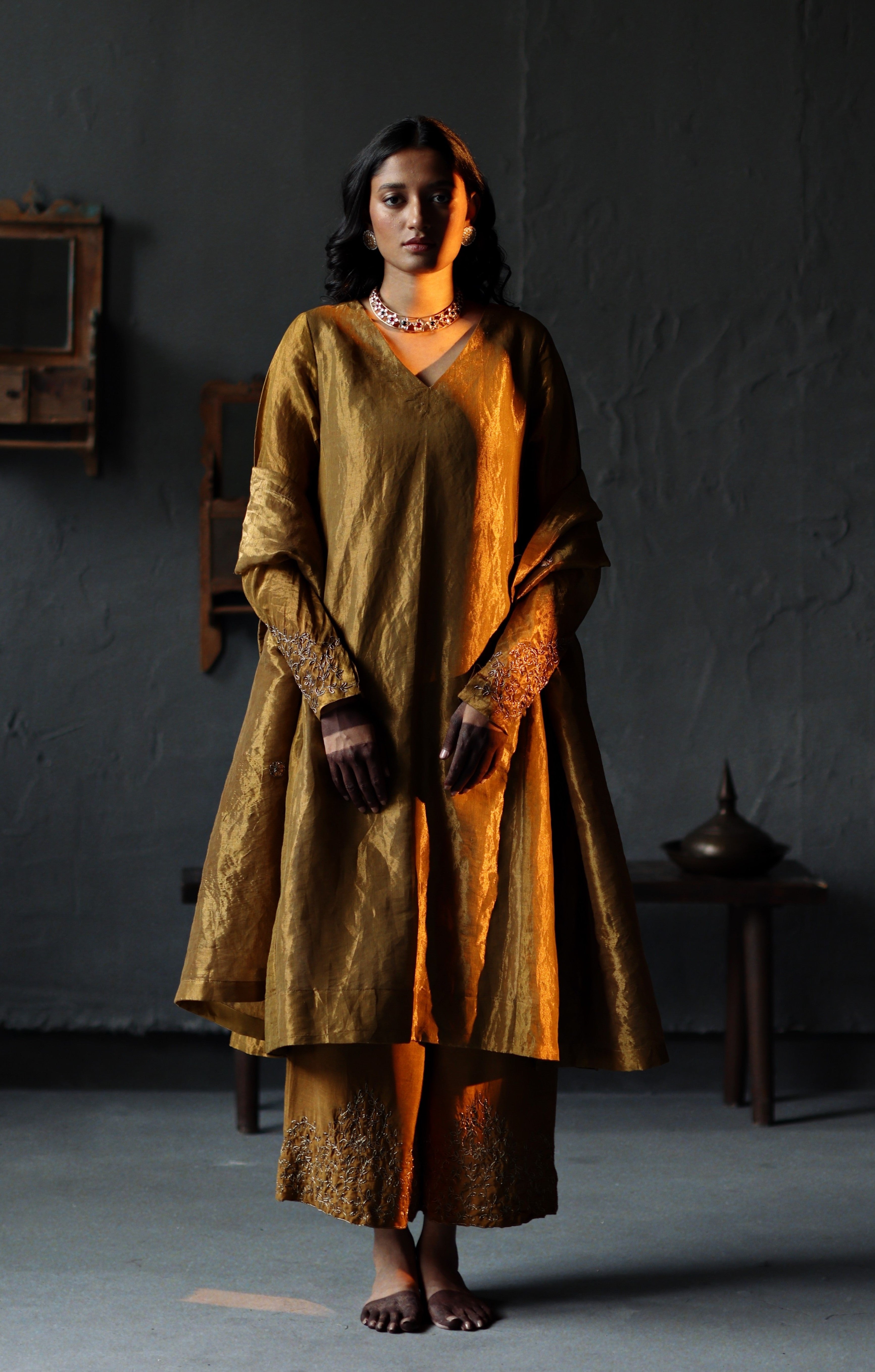 Tannu Kurta in Vintage Gold Tissue with Farshi