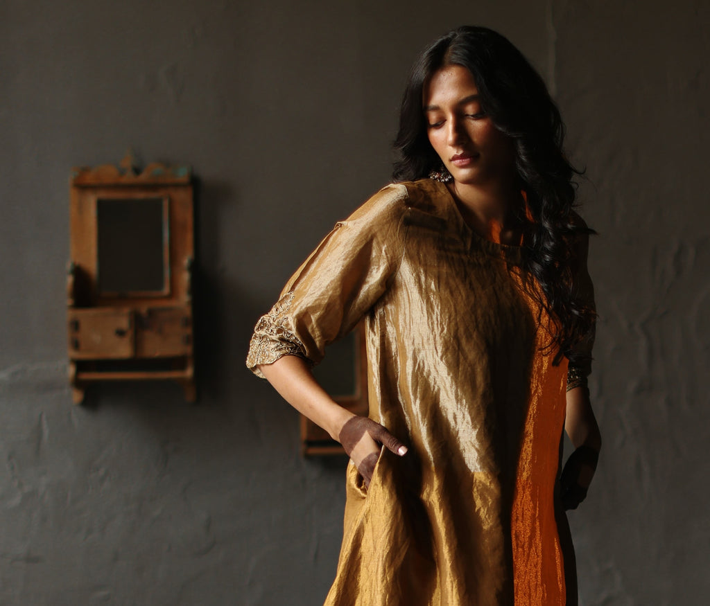 Asymmetrical Dress in Vintage Gold Tissue with Pants