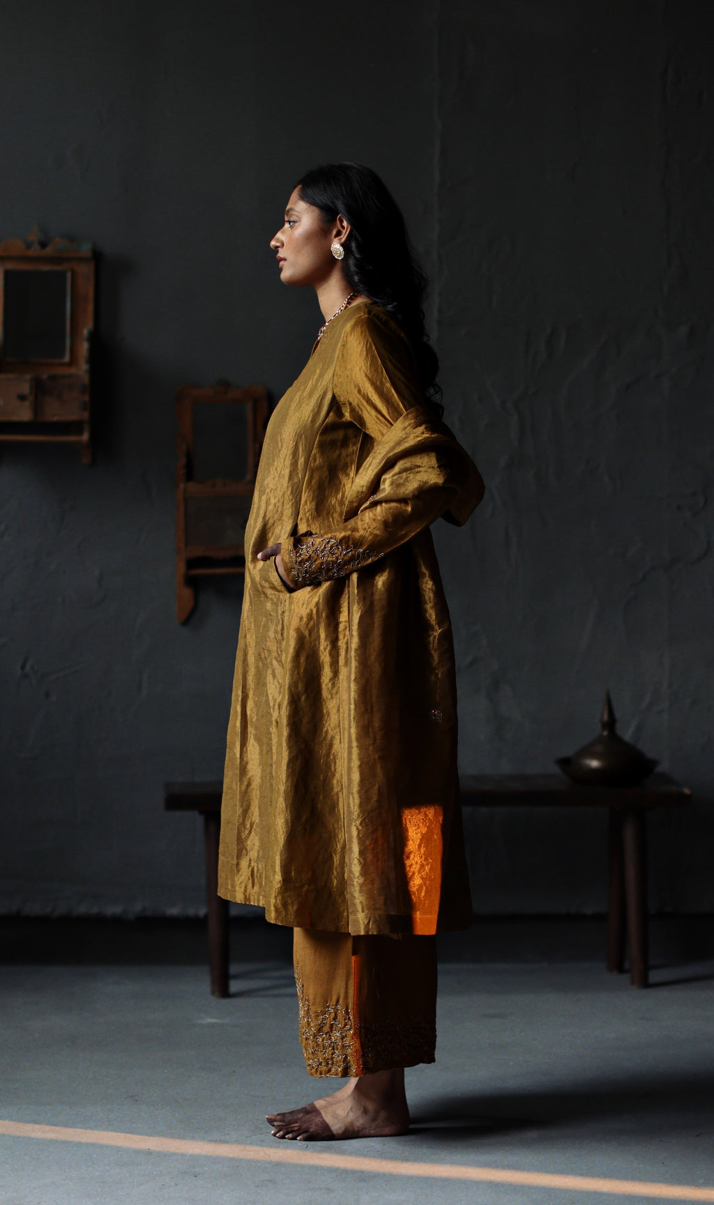 Tannu Kurta in Vintage Gold Tissue with Farshi