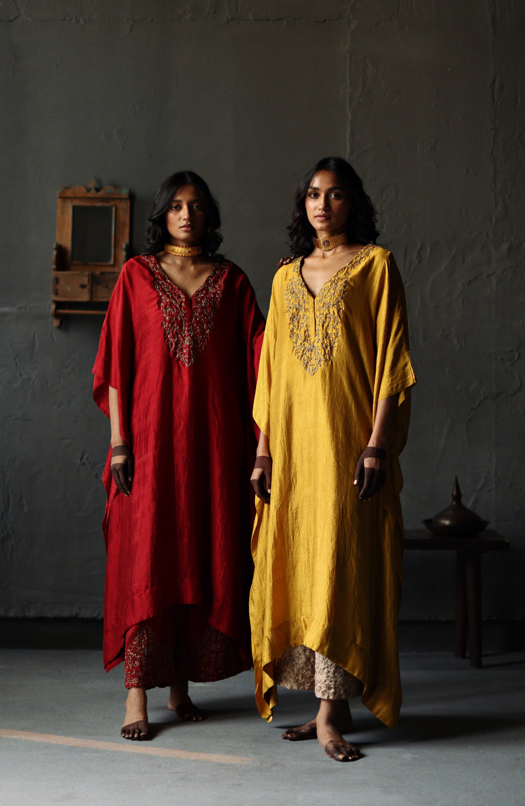 Nushka Kaftan in Ruby Red Silk with farshi.