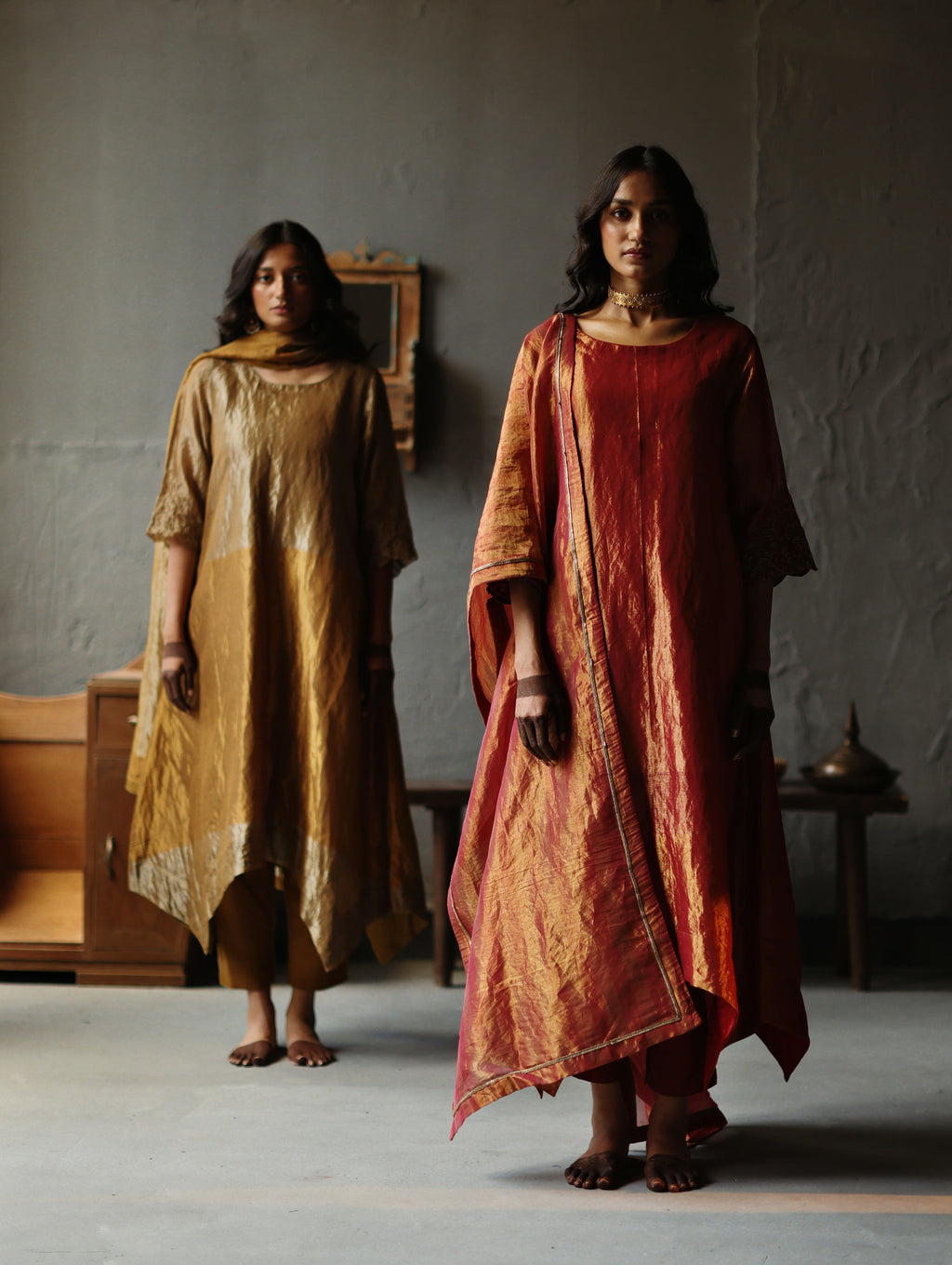 Asymmetrical Dress in Ruby Red Tissue with Pants