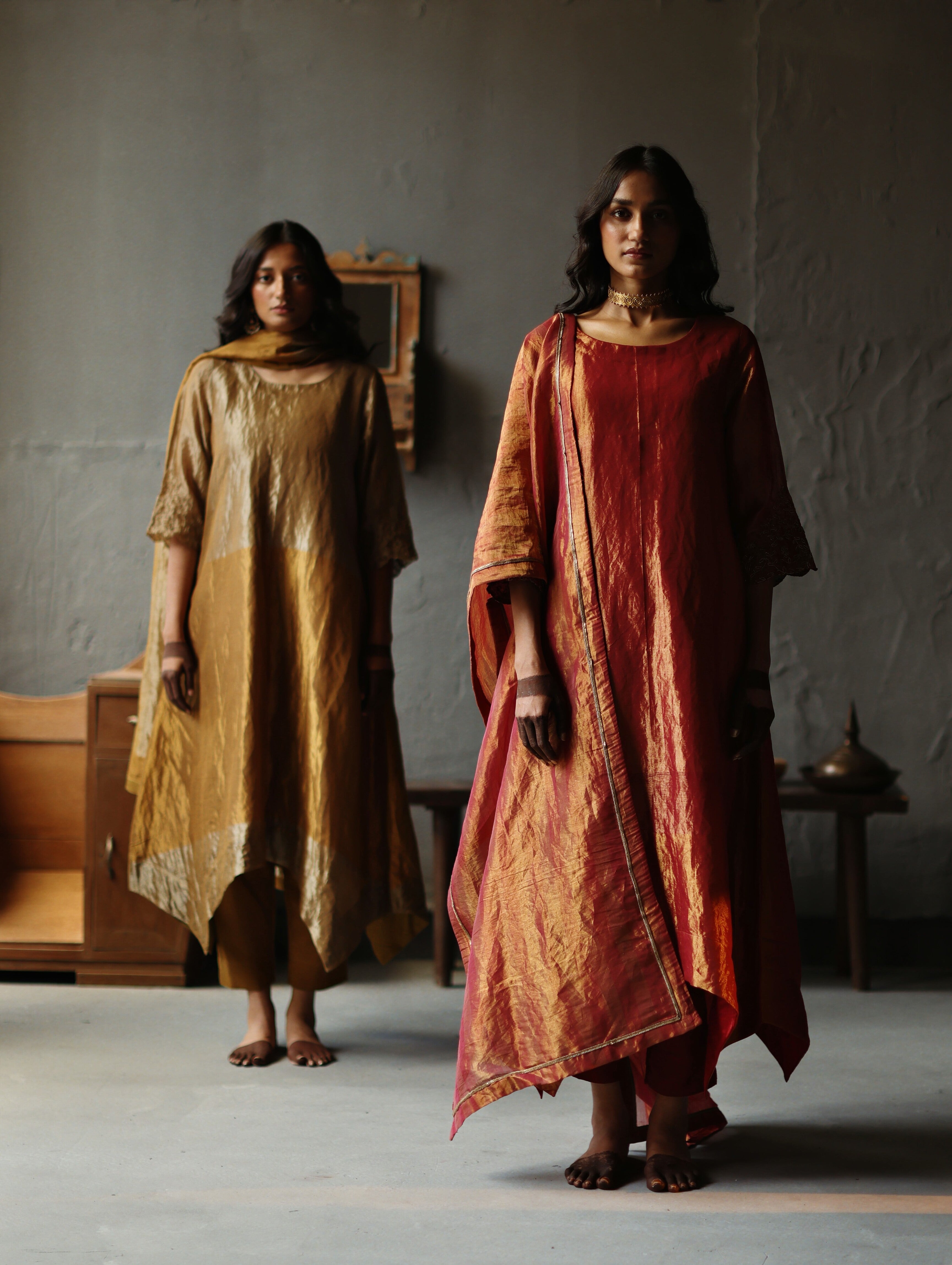 Asymmetrical Dress in Ruby Red Tissue with Pants