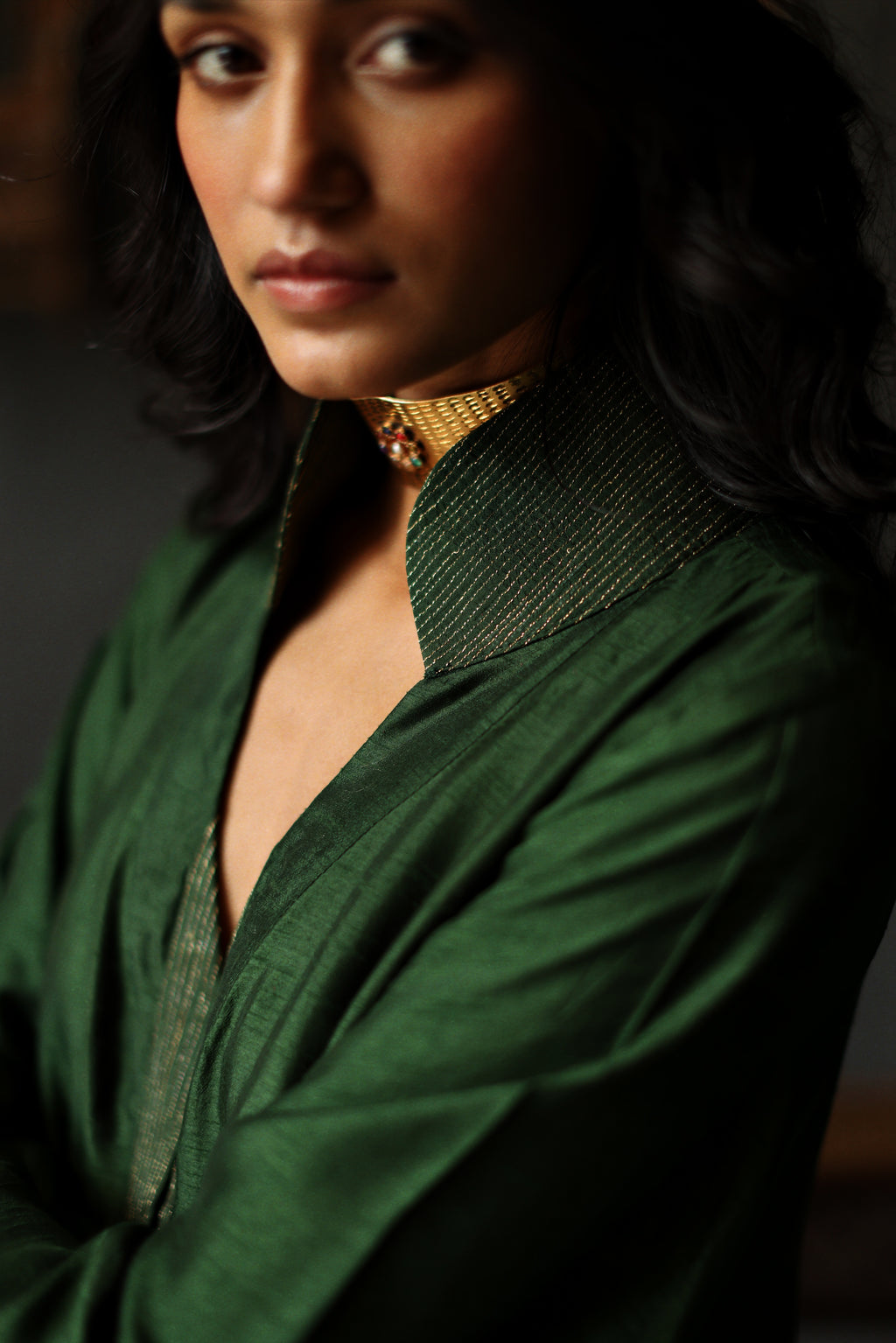 Ooch Neech in Emerald Green Raw Silk with Farshi