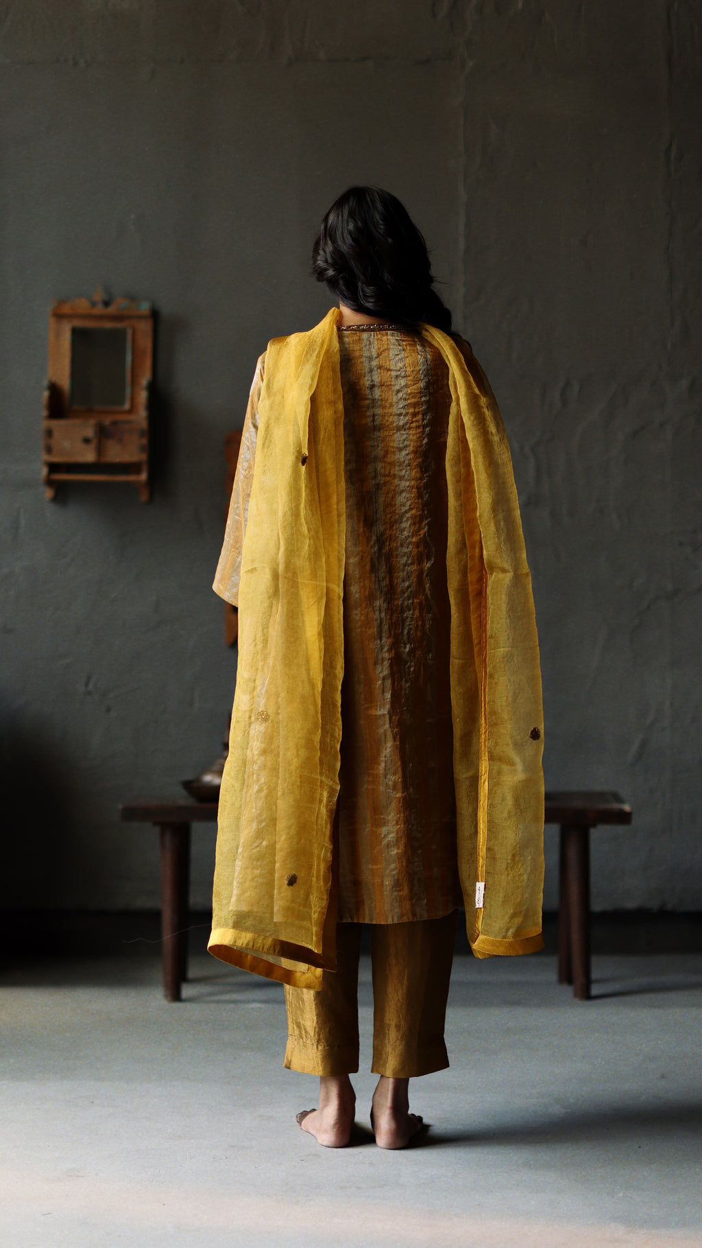 Maxi Kurta in Vintage Gold Tissue stripes Chanderi with Pants