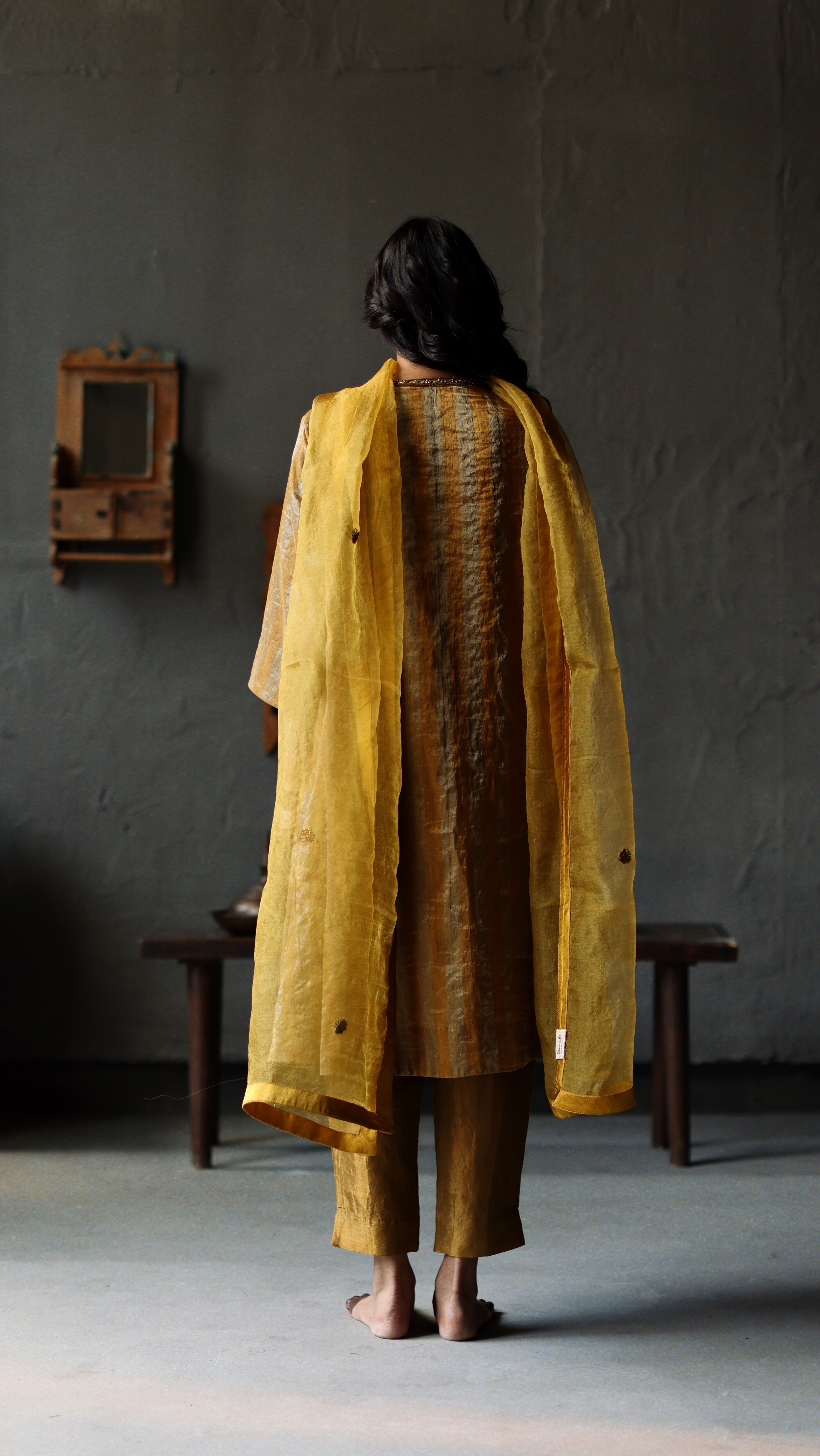 Maxi Kurta in Vintage Gold Tissue stripes Chanderi with Pants