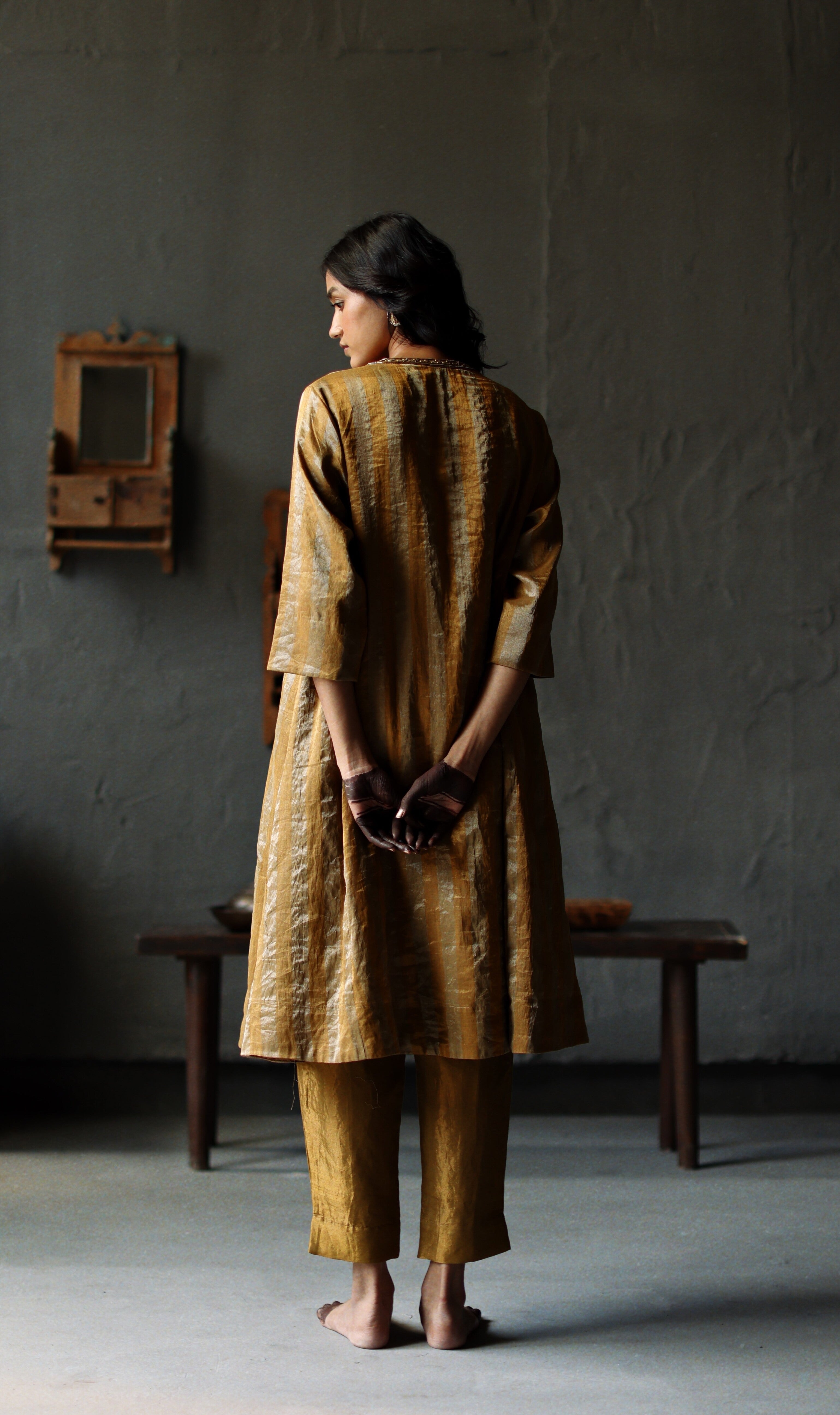 Maxi Kurta in Vintage Gold Tissue stripes Chanderi with Pants
