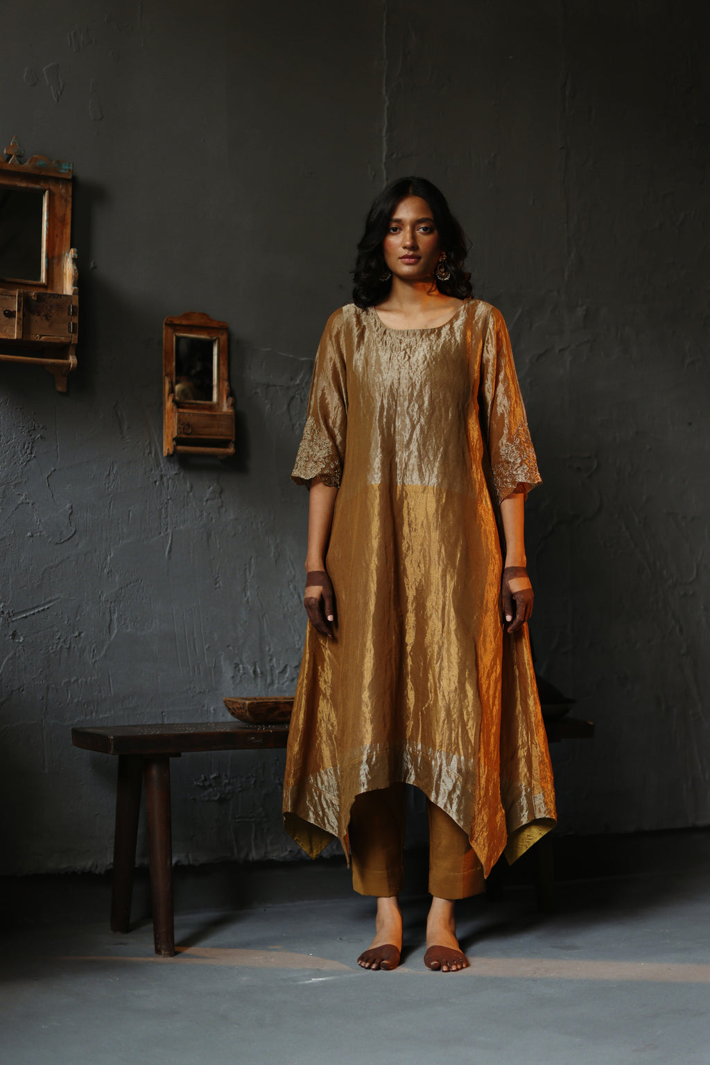 Asymmetrical Dress in Vintage Gold Tissue with Pants