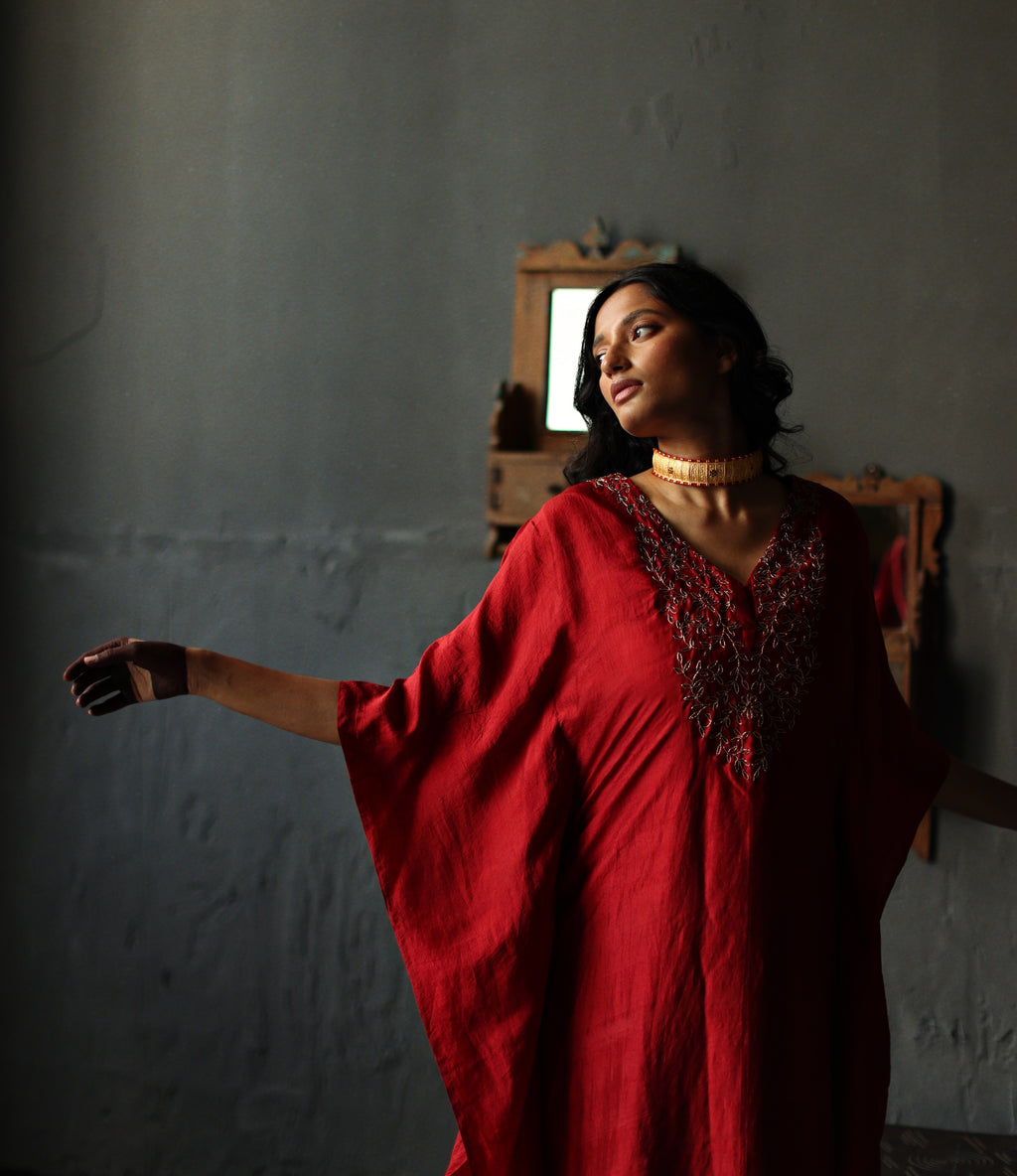 Nushka Kaftan in Ruby Red Silk with farshi.