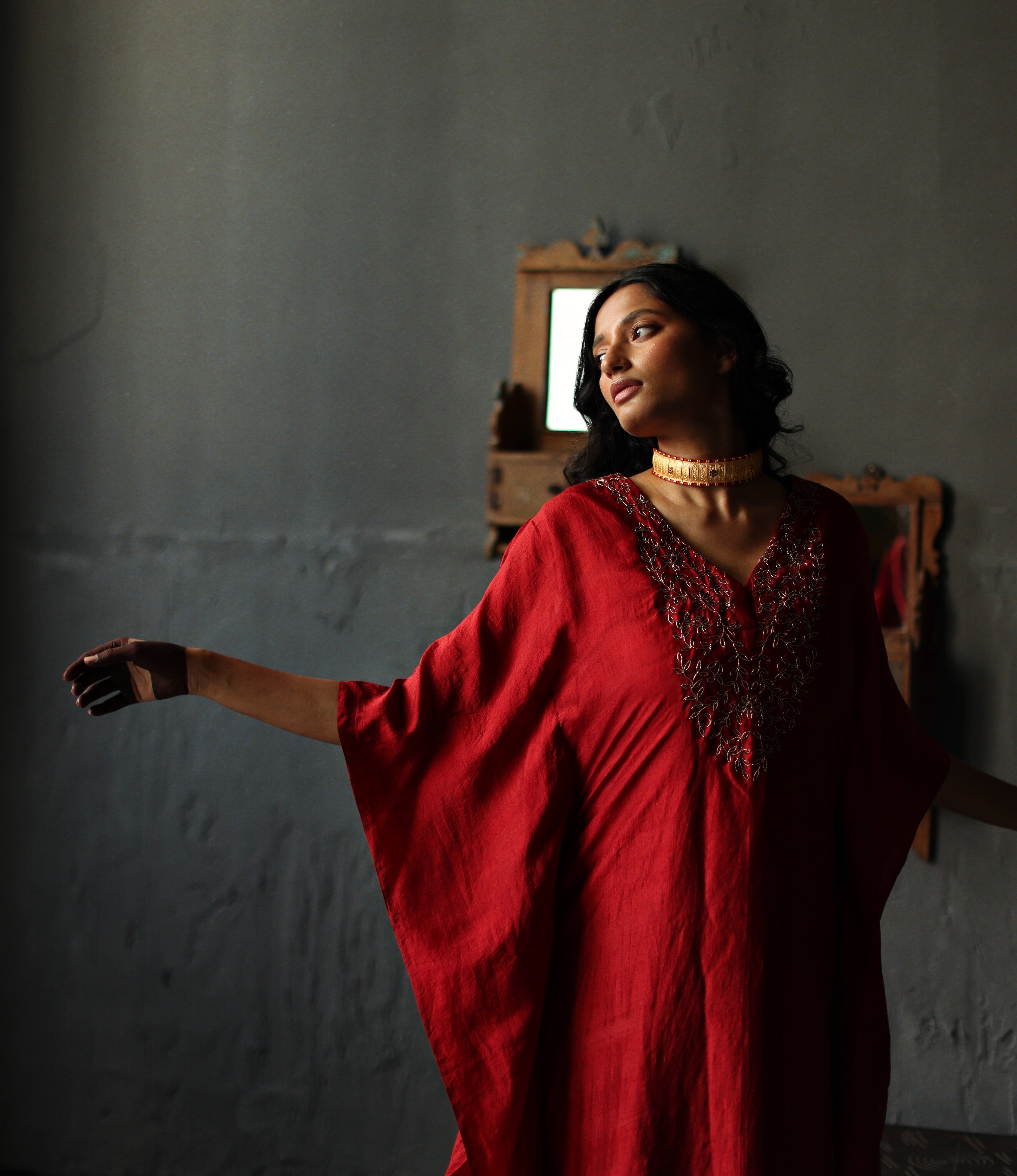Nushka Kaftan in Ruby Red Silk with farshi.