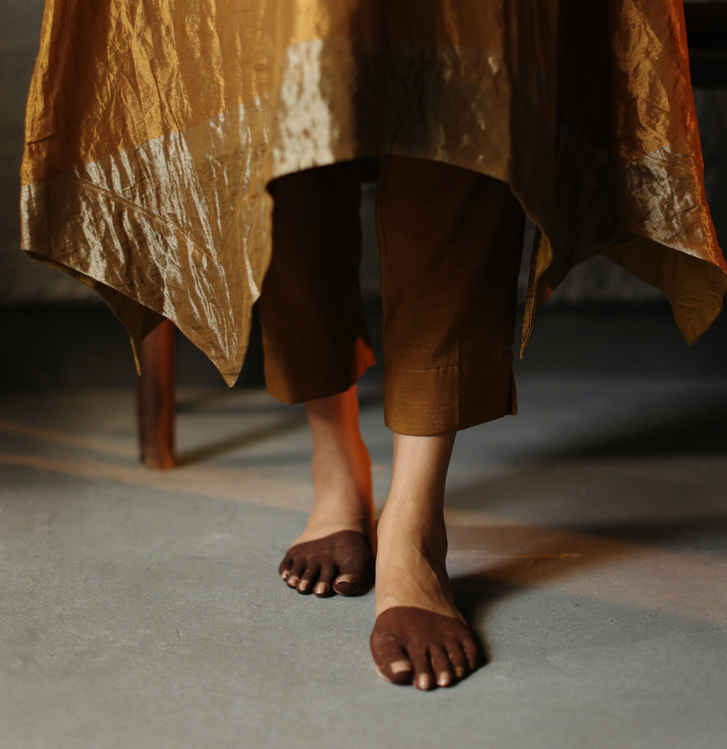 Asymmetrical Dress in Vintage Gold Tissue with Pants