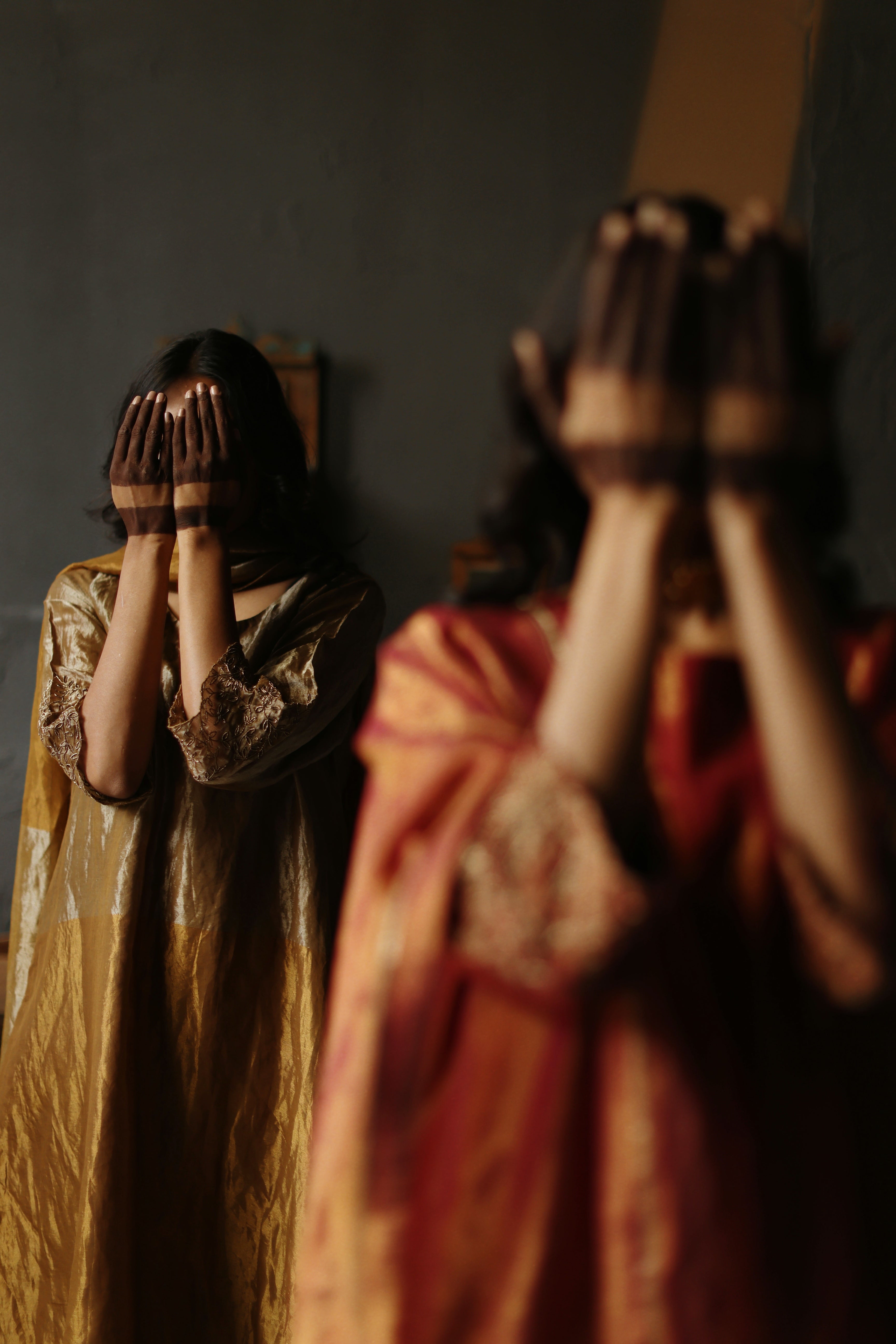 Asymmetrical Dress in Vintage Gold Tissue with Pants