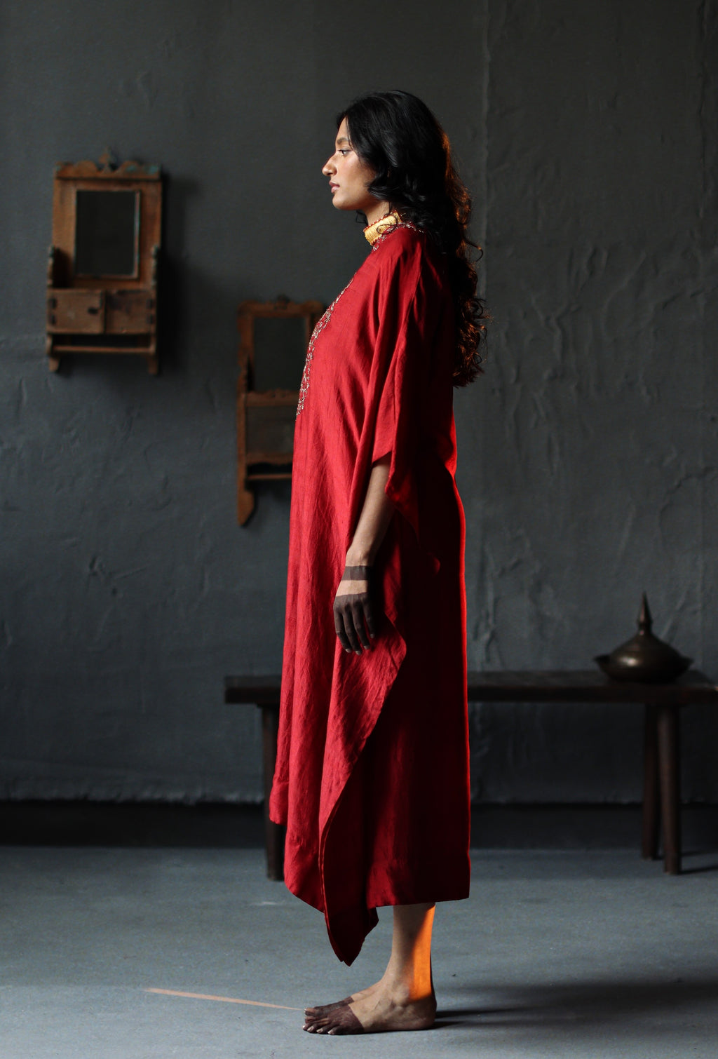 Nushka Kaftan in Ruby Red Silk with farshi.