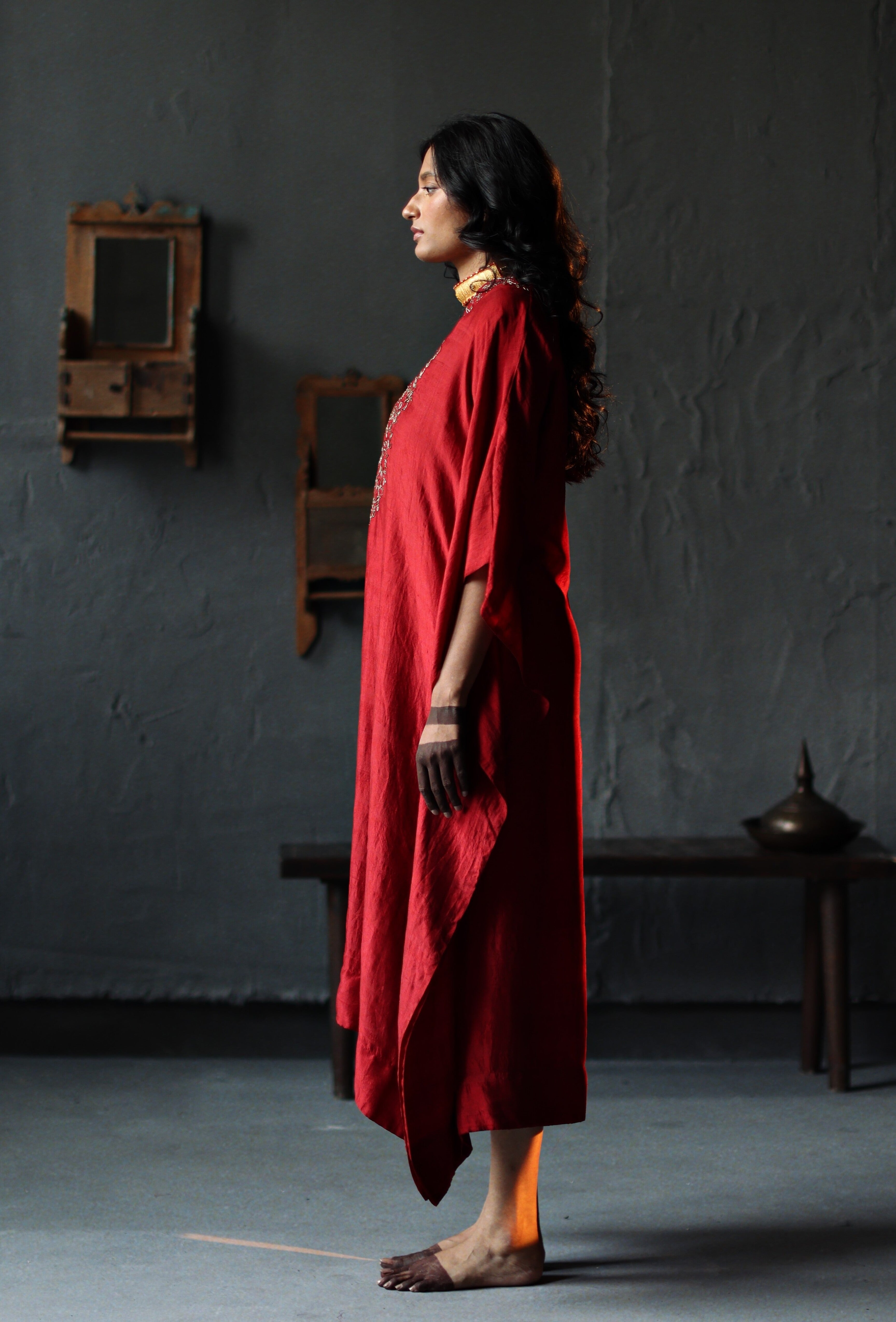 Nushka Kaftan in Ruby Red Silk with farshi.