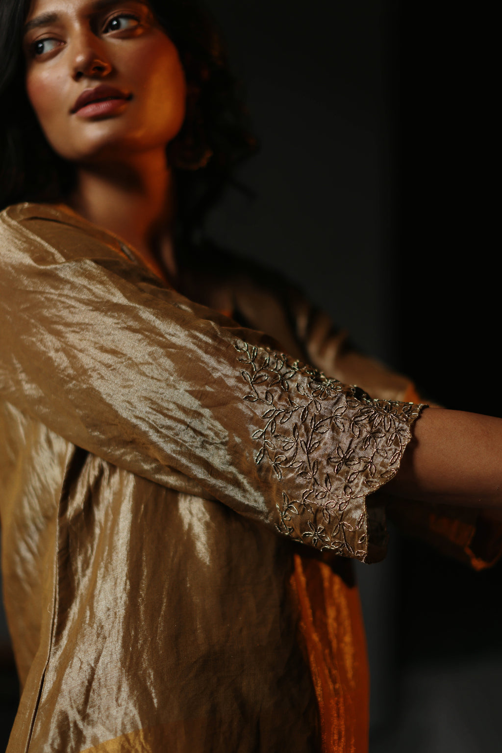 Asymmetrical Dress in Vintage Gold Tissue with Pants