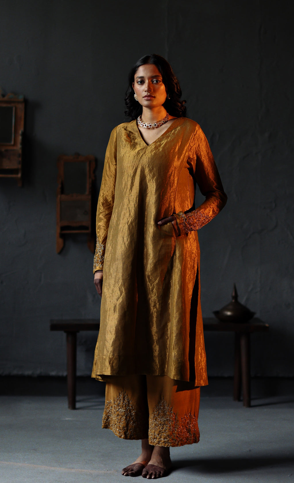 Tannu Kurta in Vintage Gold Tissue with Farshi