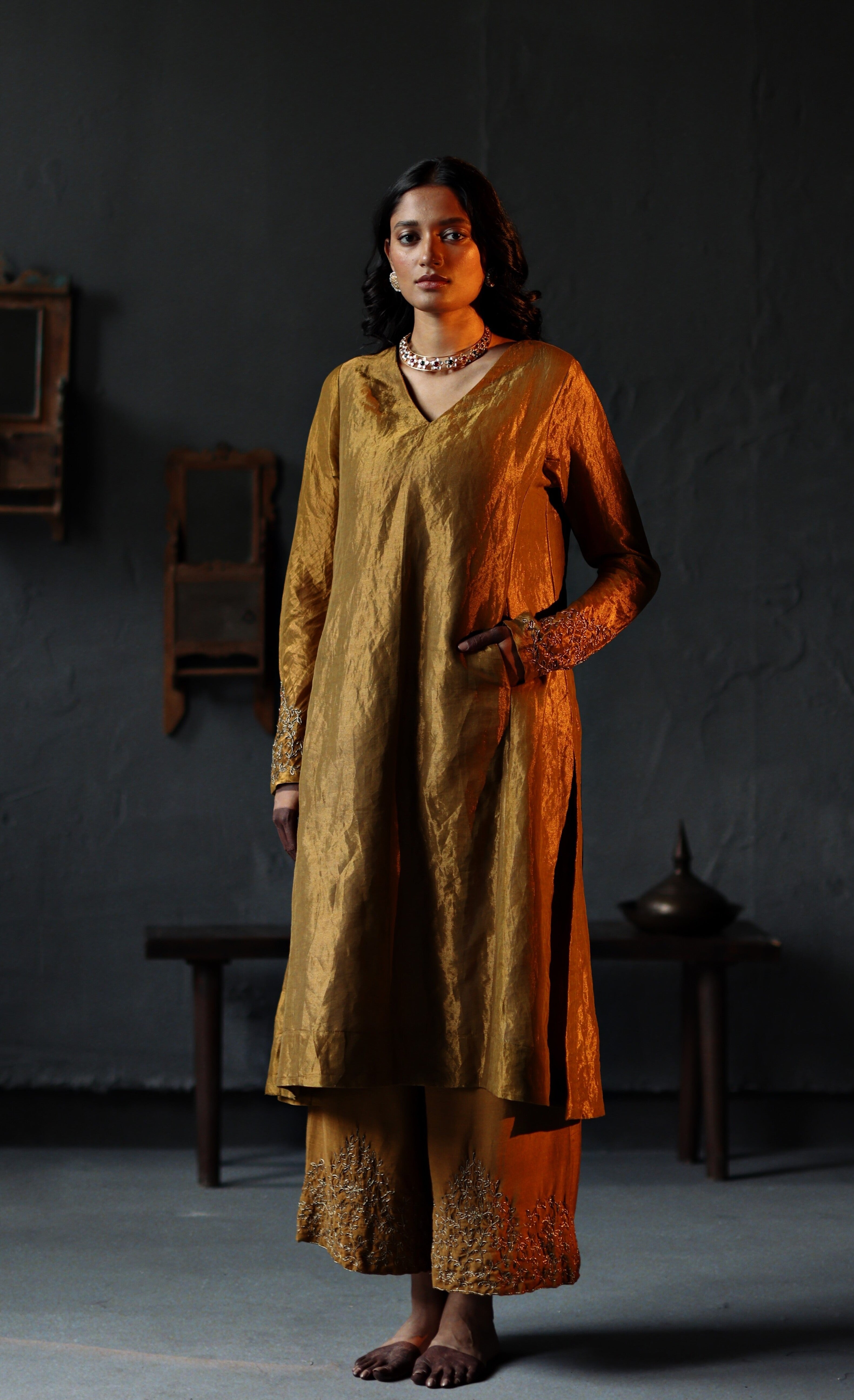 Tannu Kurta in Vintage Gold Tissue with Farshi