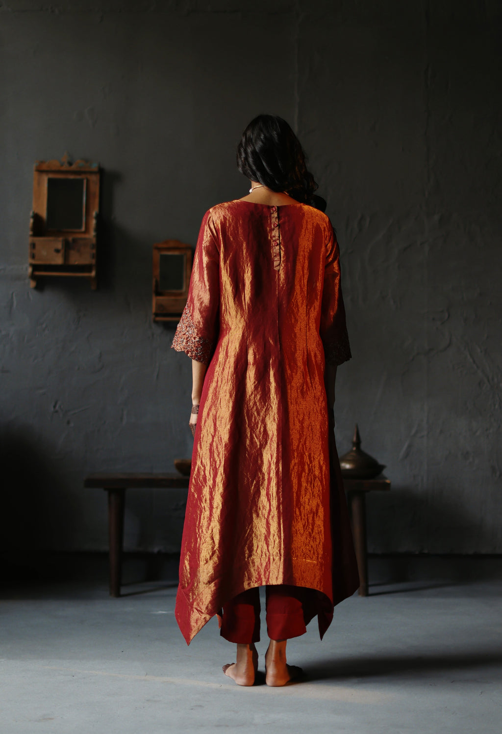 Asymmetrical Dress in Ruby Red Tissue with Pants