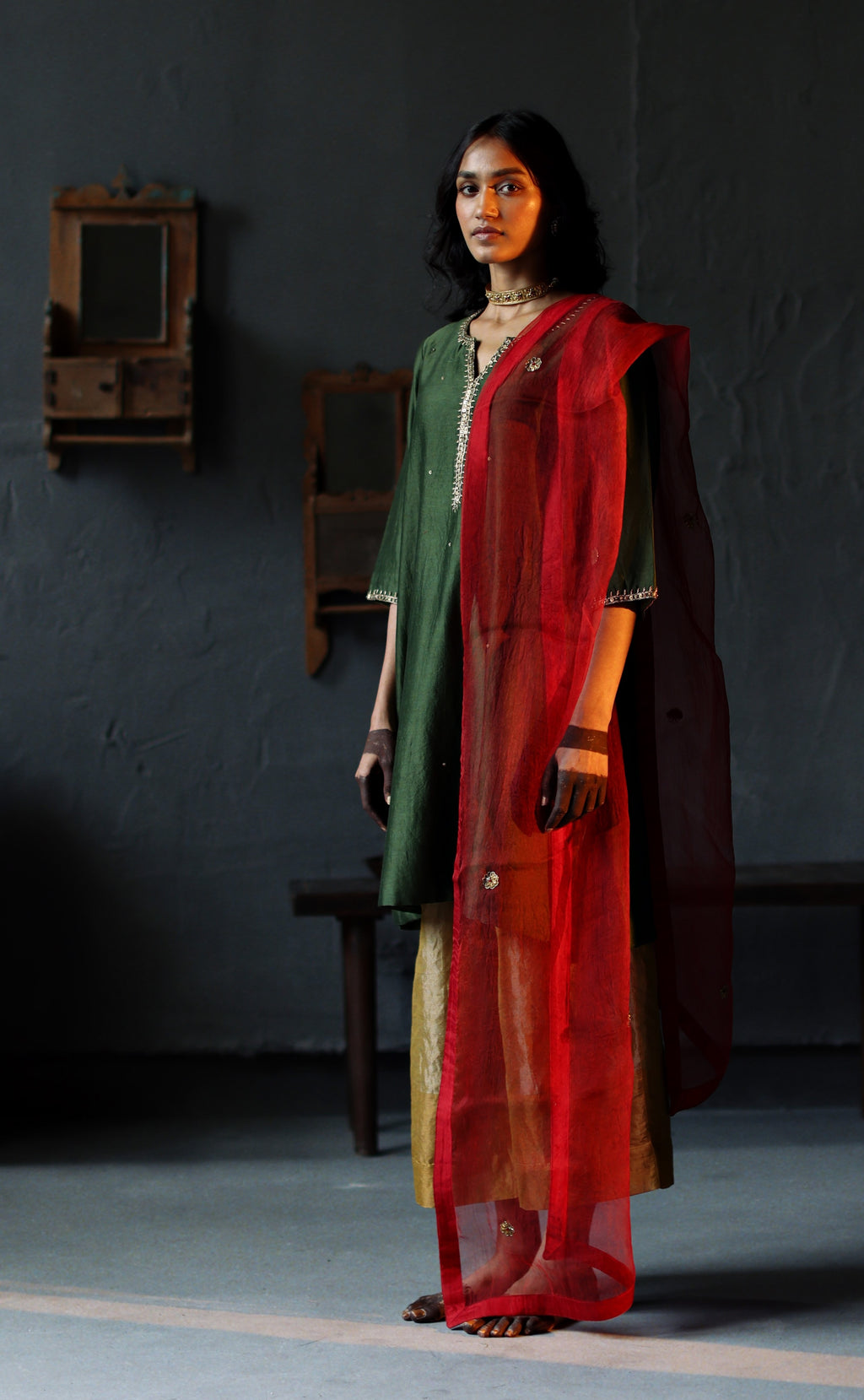 Saifi Kurta in Emerald Green Chanderi with Farshi