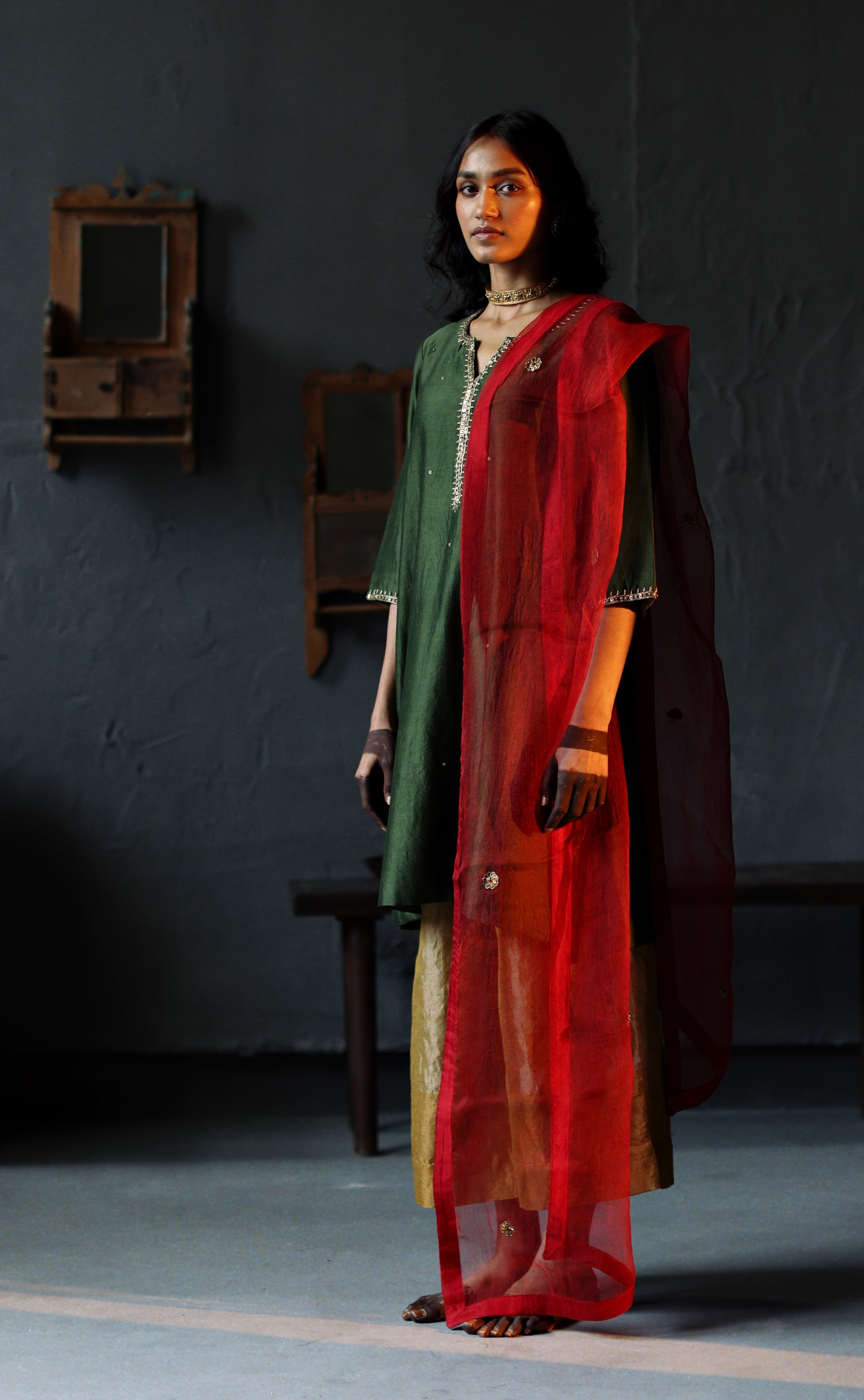 Saifi Kurta in Emerald Green Chanderi with Farshi