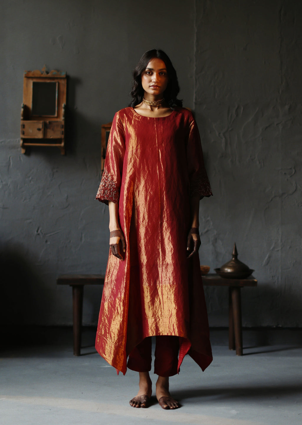 Asymmetrical Dress in Ruby Red Tissue with Pants