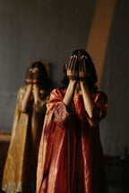 Asymmetrical Dress in Ruby Red Tissue with Pants